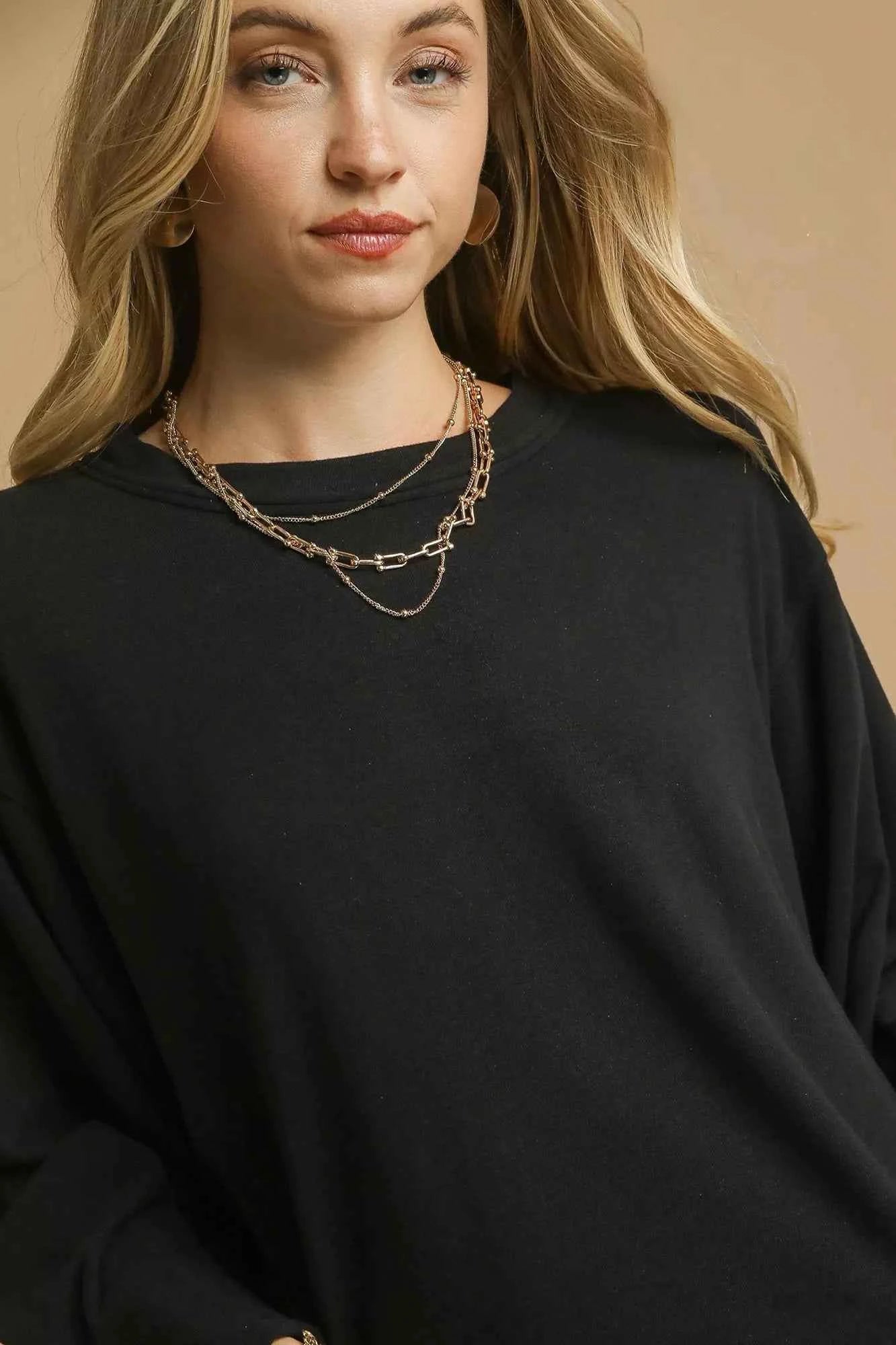 Umgee Brushed Sleeve Crewneck Top for Effortless Style and Comfort - MegaSuperStar