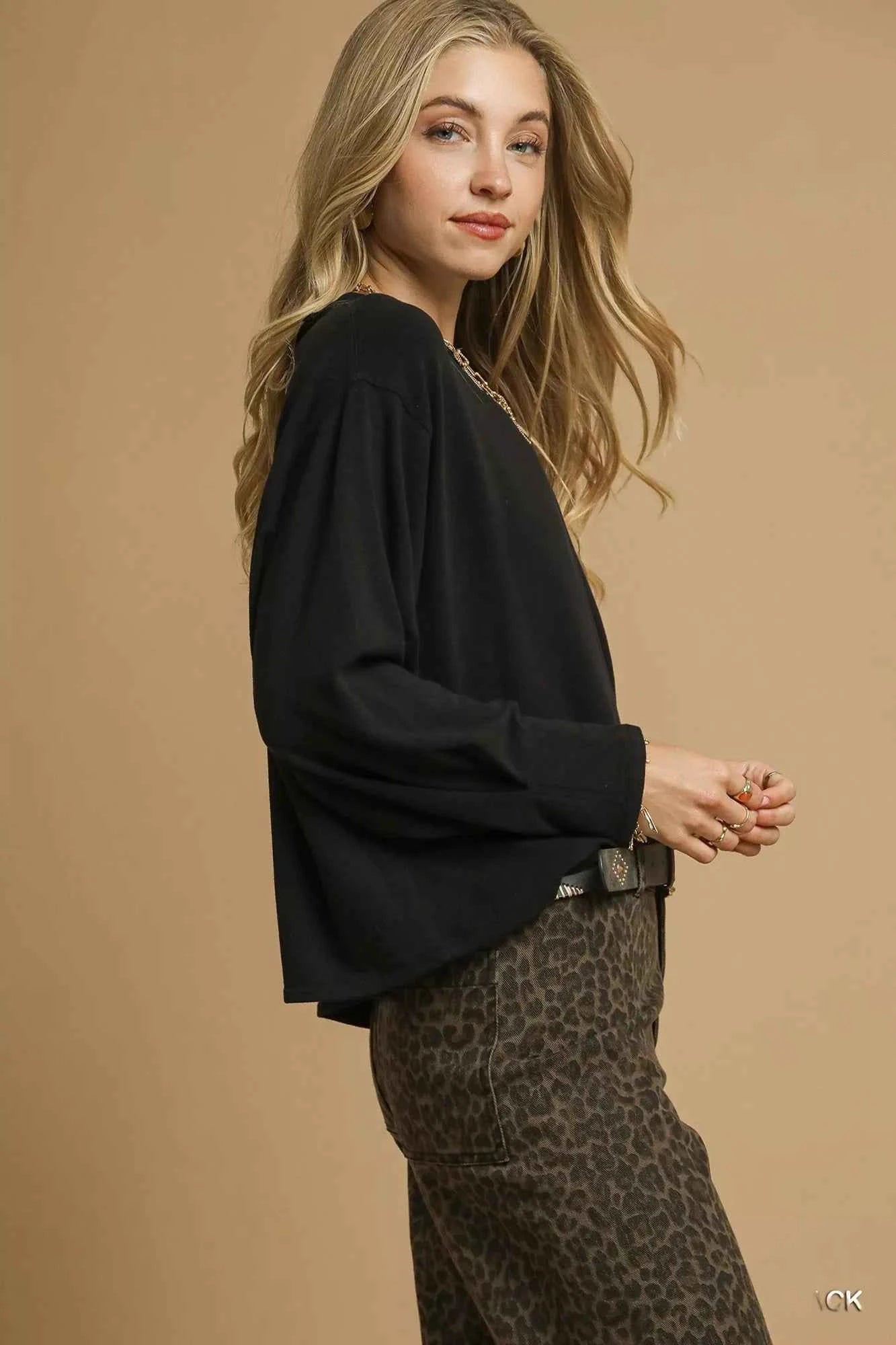 Umgee Brushed Sleeve Crewneck Top for Effortless Style and Comfort - MegaSuperStar