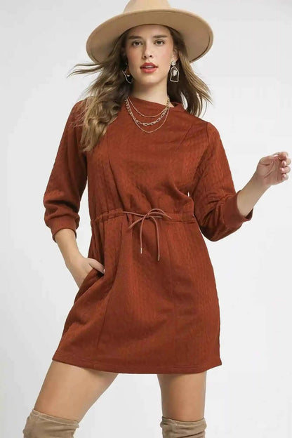 Umgee Cable Knit Mini Dress with Pockets and Drawstring - MegaSuperStar