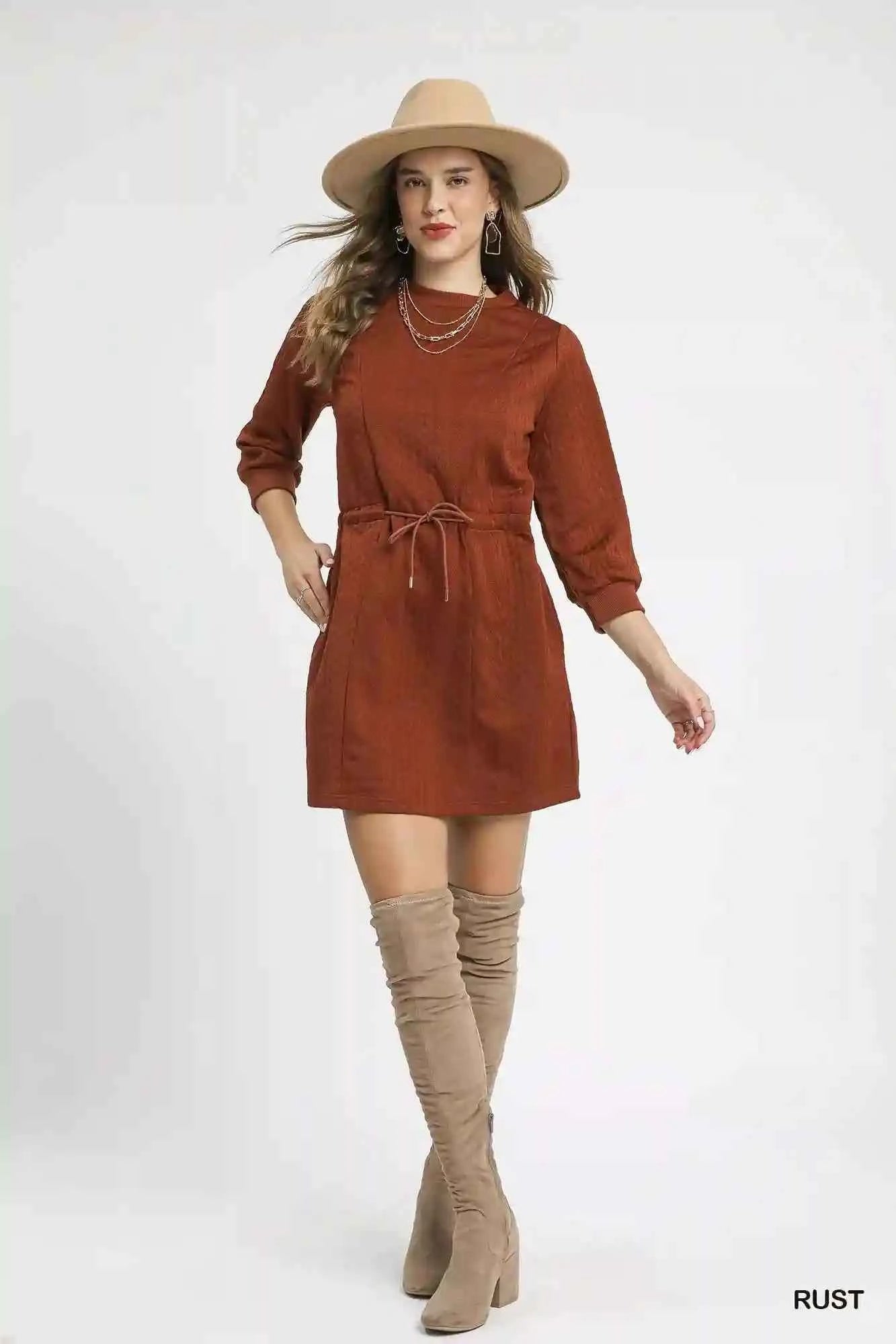 Umgee Cable Knit Mini Dress with Pockets and Drawstring - MegaSuperStar