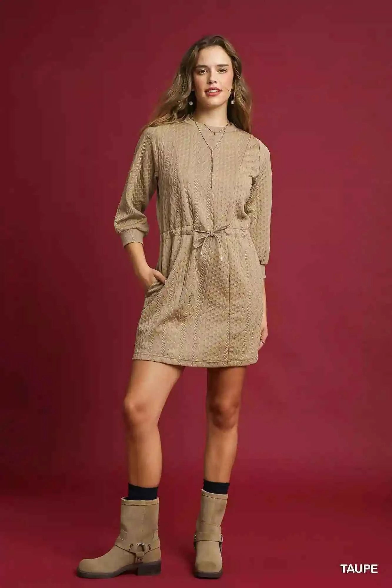 Umgee Cable Knit Mini Dress with Pockets and Drawstring Detail - MegaSuperStar