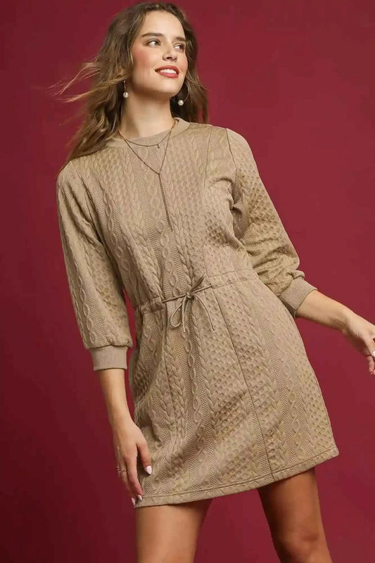 Umgee Cable Knit Mini Dress with Pockets and Drawstring Detail - MegaSuperStar