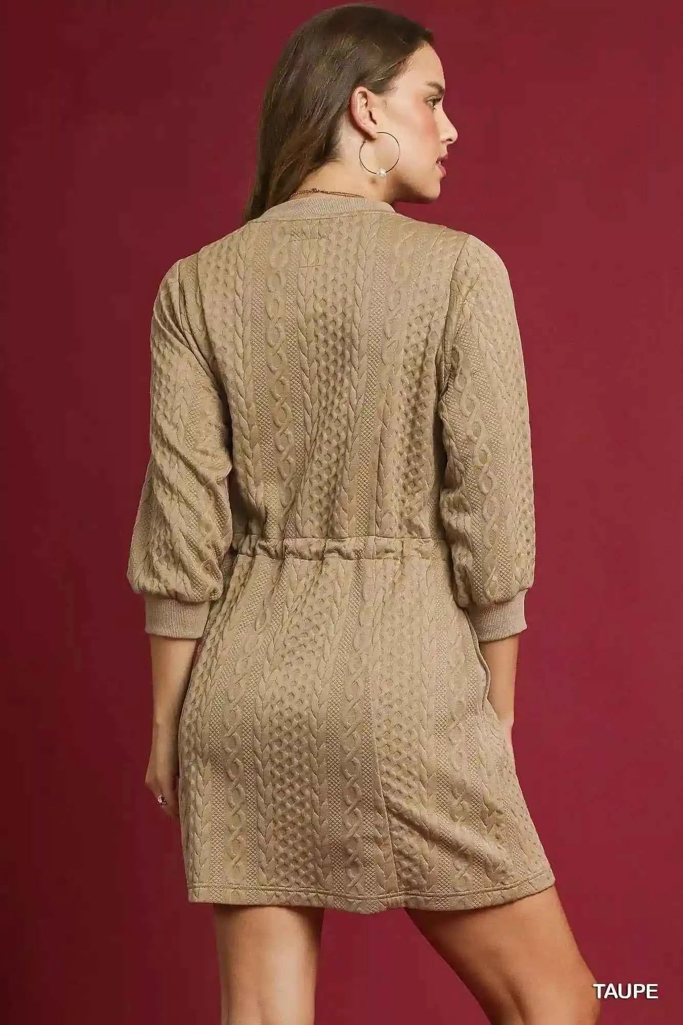 Umgee Cable Knit Mini Dress with Pockets and Drawstring Detail - MegaSuperStar