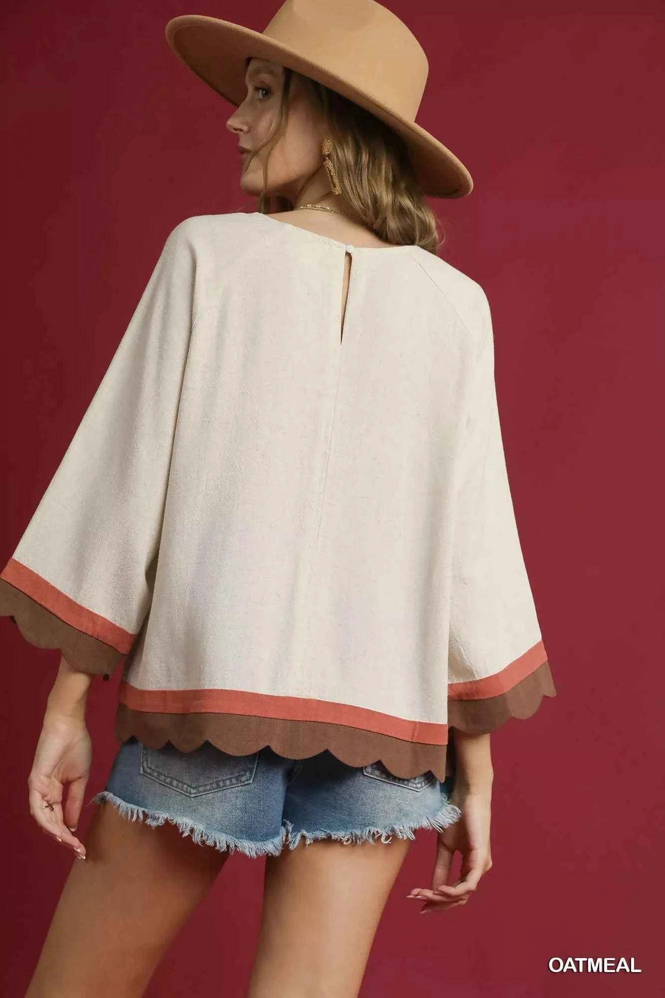 Umgee Color Block Top with Scalloped Hem Design - MegaSuperStar