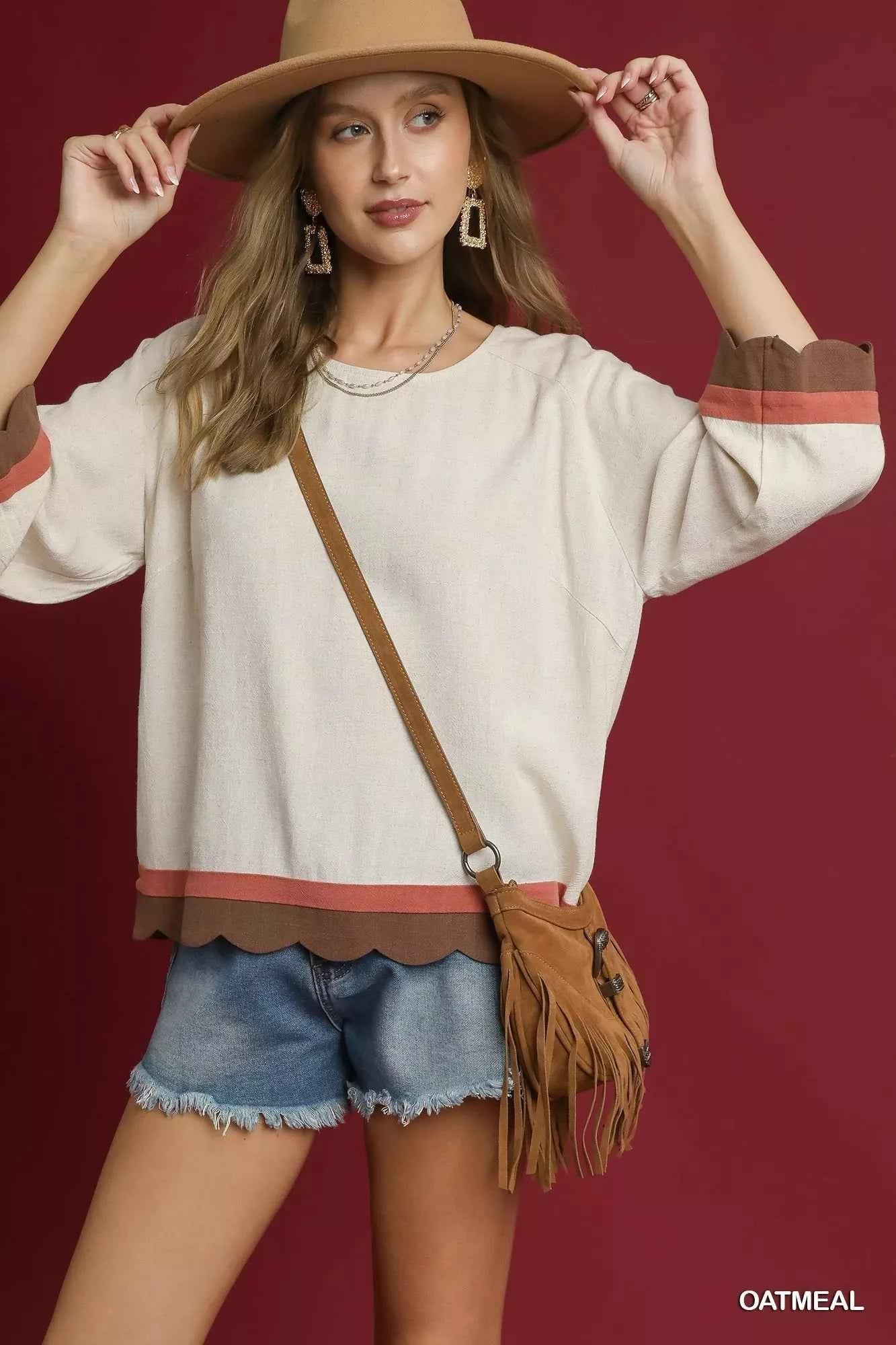 Umgee Color Block Top with Scalloped Hem Design - MegaSuperStar