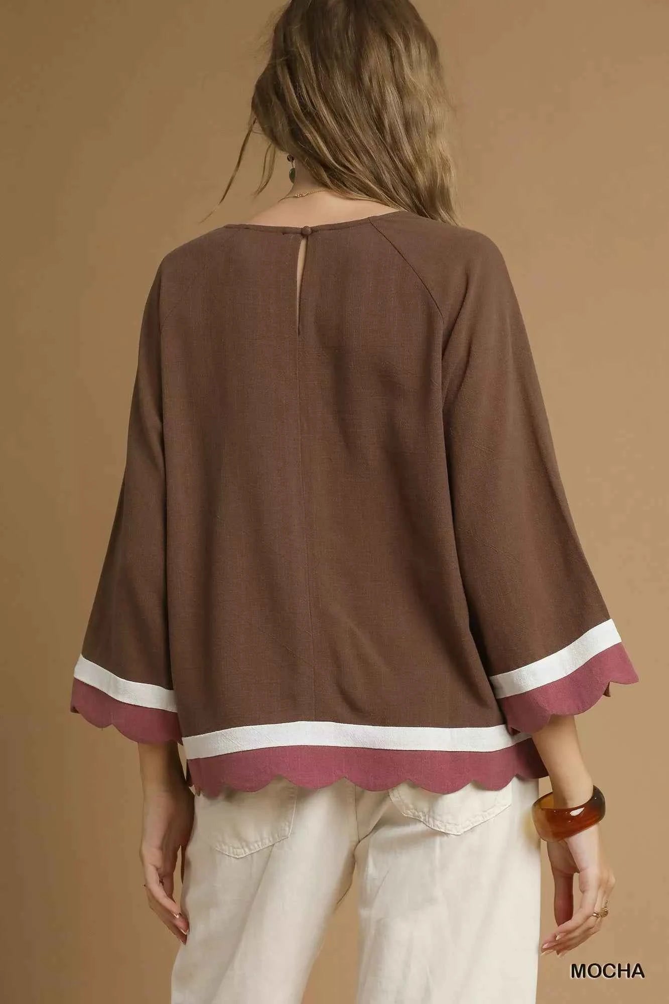 Umgee Color Block Top with Scalloped Hem Design - MegaSuperStar