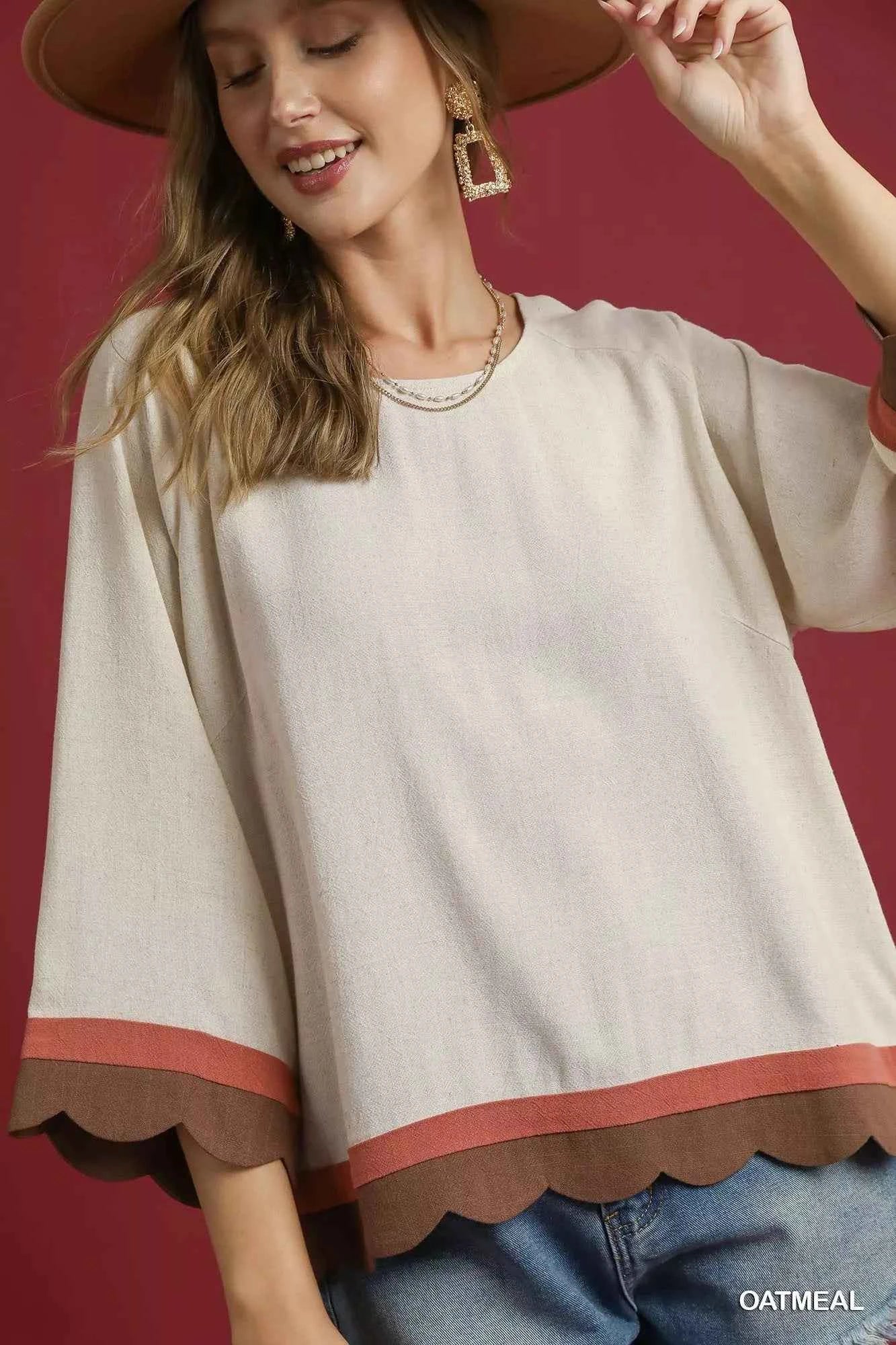 Umgee Color Block Top with Scalloped Hem Design - MegaSuperStar