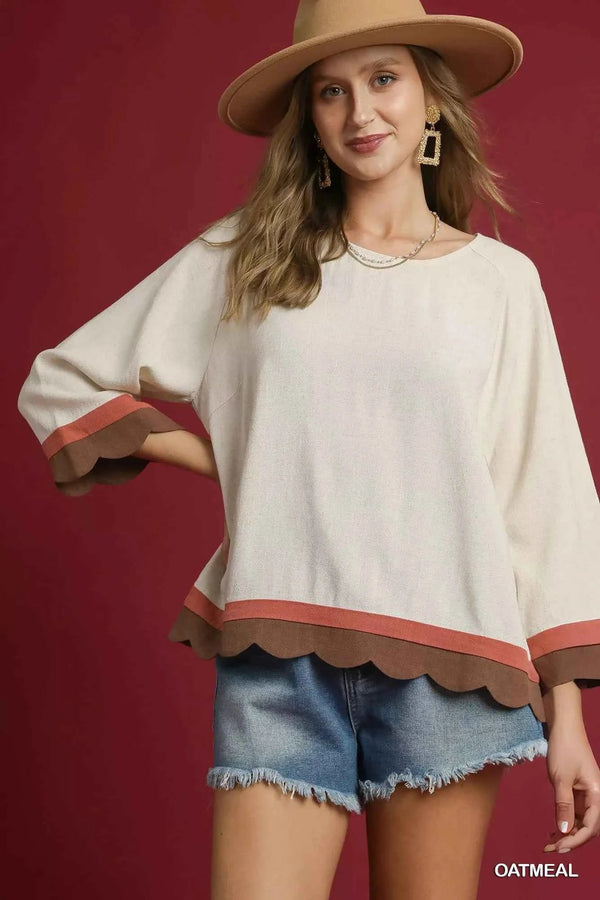 🌸 Umgee Color Block Top with Scalloped Hem Design 🌸