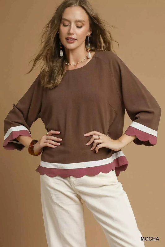 Umgee Color Block Top with Scalloped Hem Design - MegaSuperStar