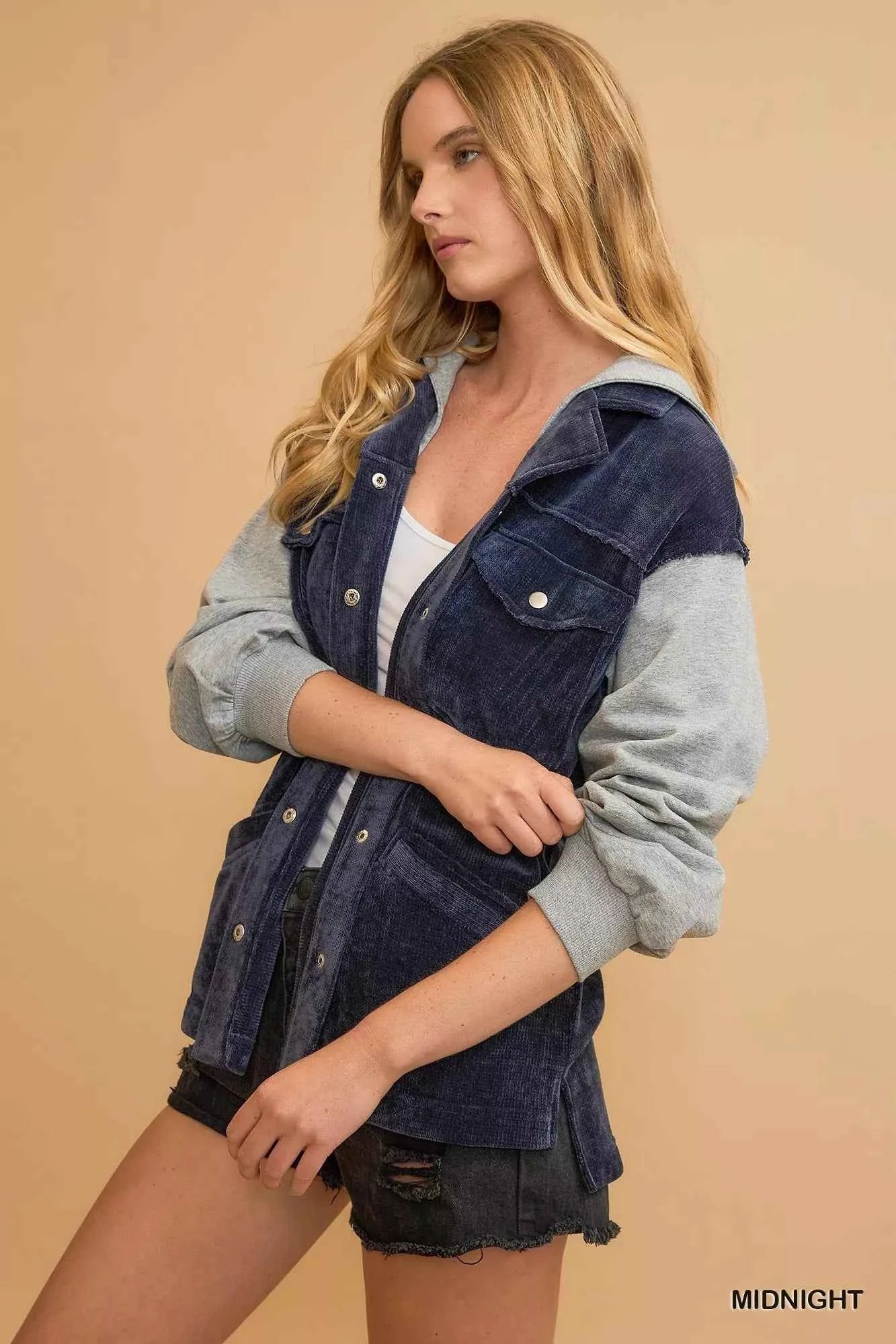 Umgee Contrast Hooded Chenille Jacket