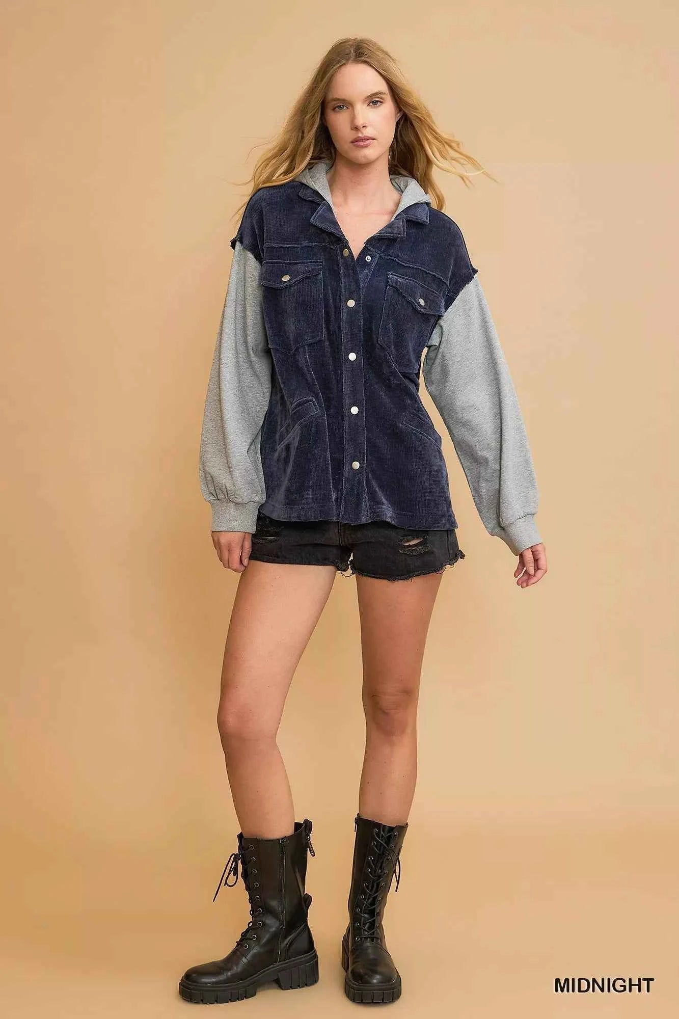 Umgee Contrast Hooded Chenille Jacket