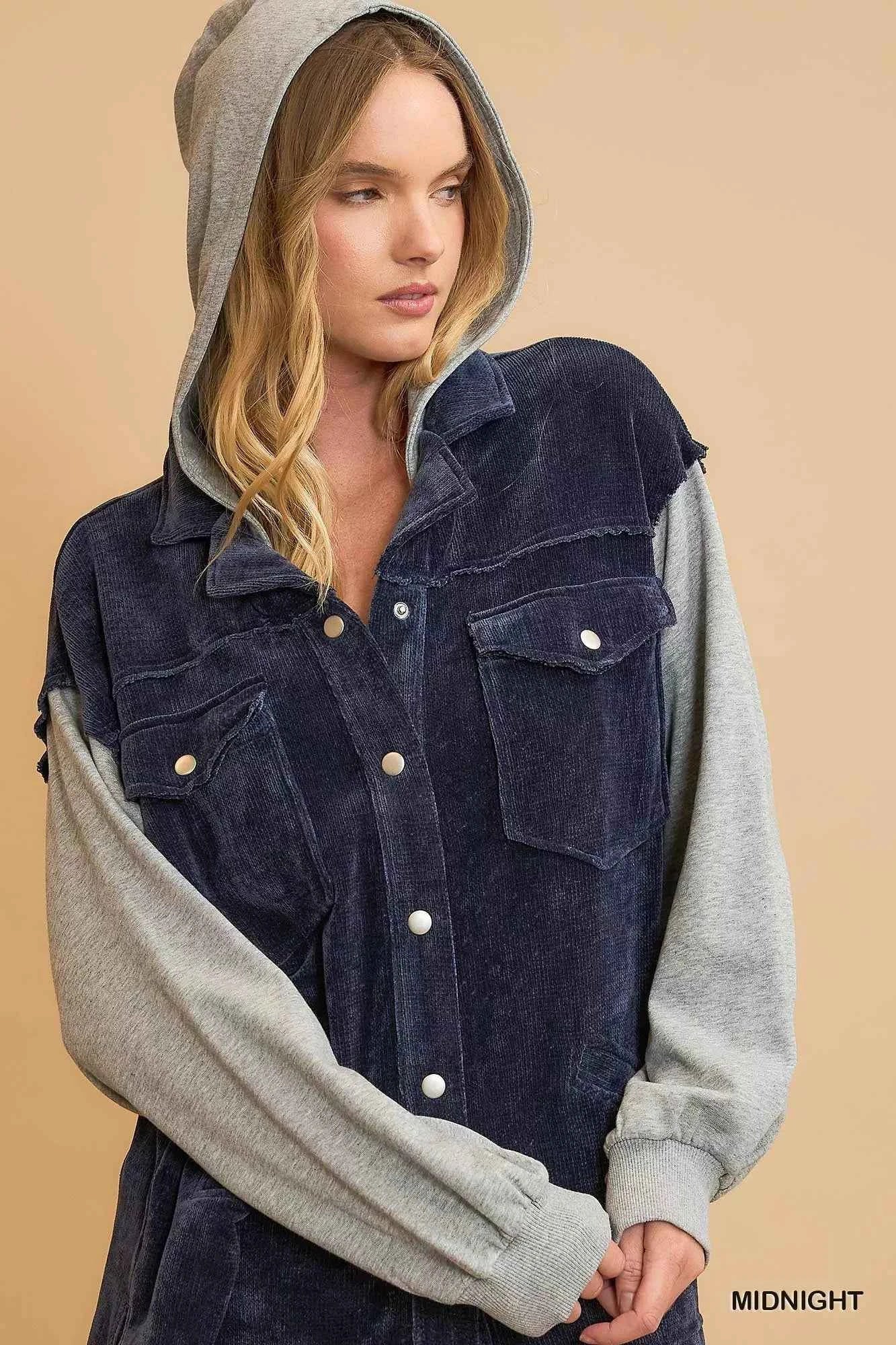 Umgee Contrast Hooded Chenille Jacket