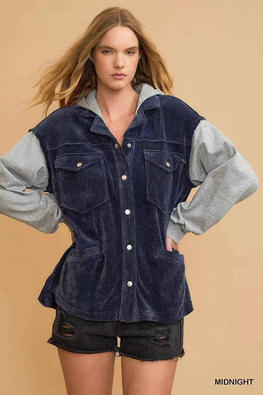 Umgee Contrast Hooded Chenille Jacket