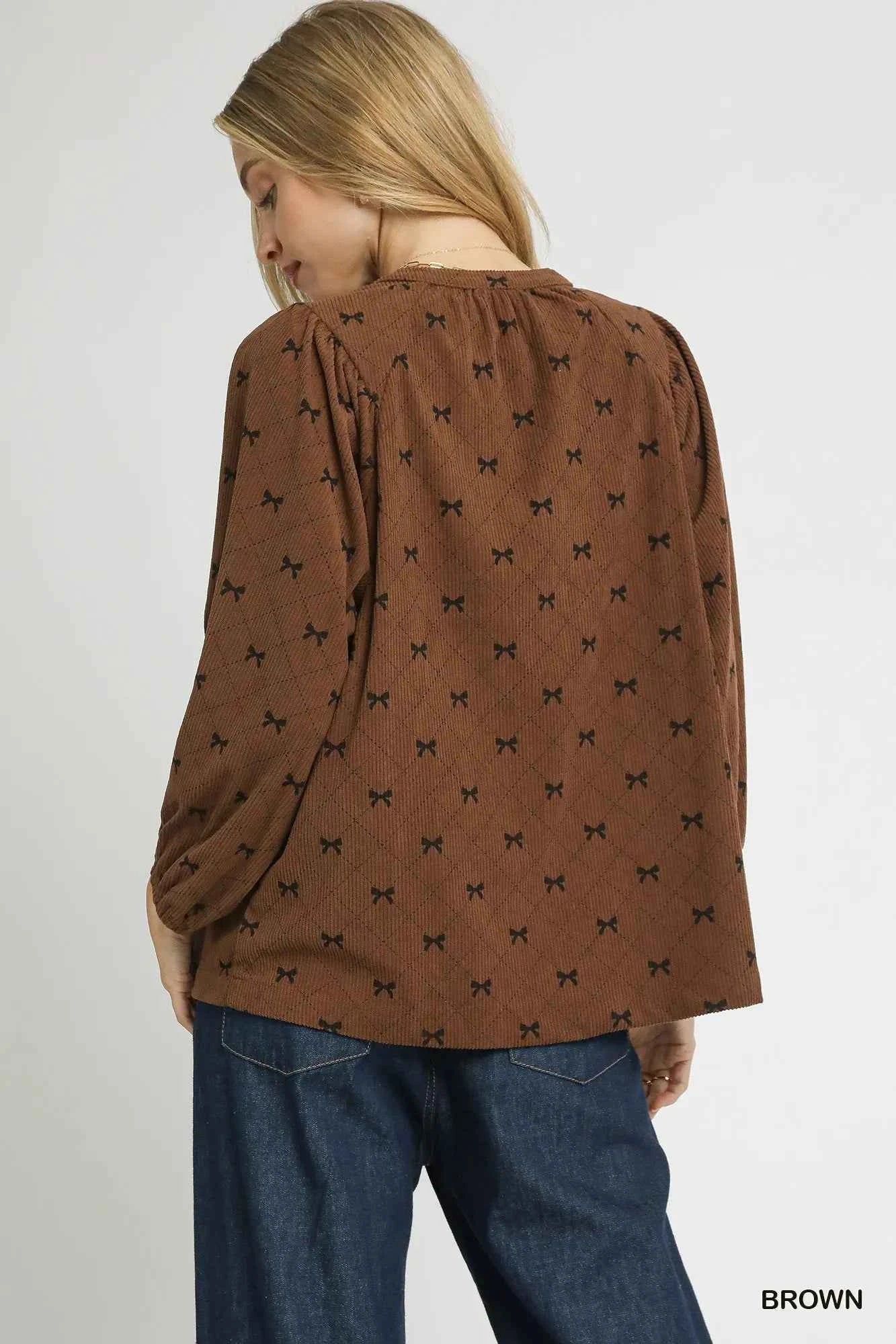 Umgee Corduroy Blouse with Bow Print and Balloon Sleeves for Stylish Comfort - MegaSuperStar