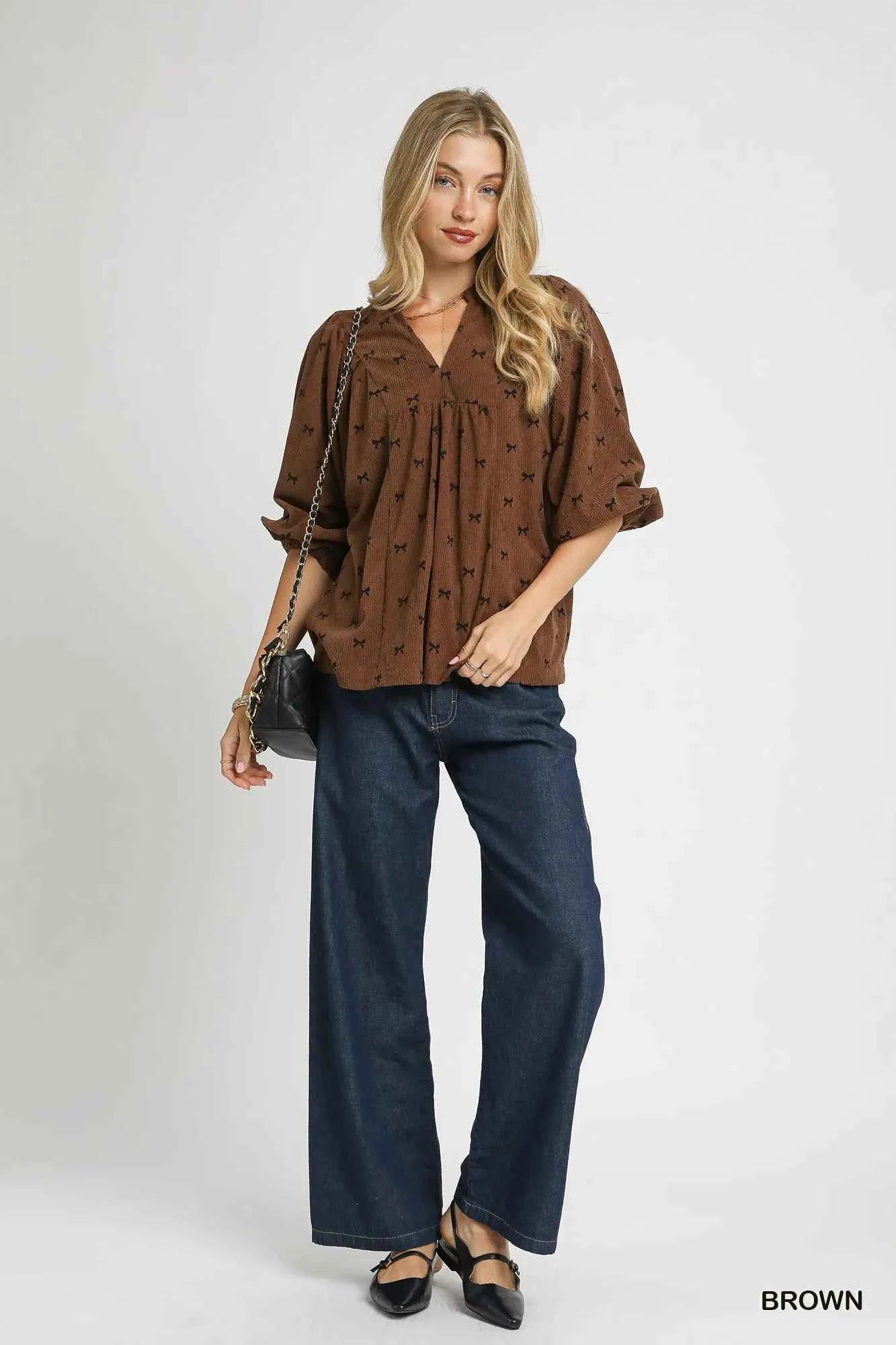 Umgee Corduroy Blouse with Bow Print and Balloon Sleeves for Stylish Comfort - MegaSuperStar