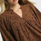 Umgee Corduroy Blouse with Bow Print and Balloon Sleeves for Stylish Comfort - MegaSuperStar