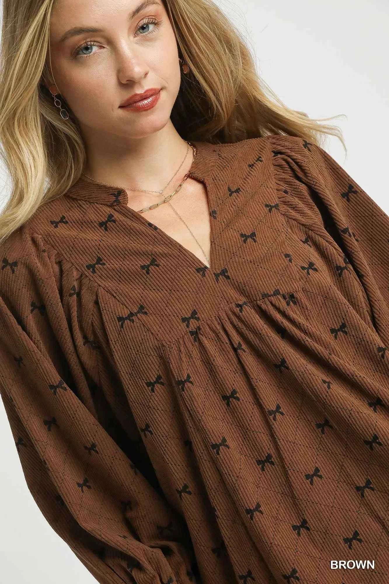 Umgee Corduroy Blouse with Bow Print and Balloon Sleeves for Stylish Comfort - MegaSuperStar