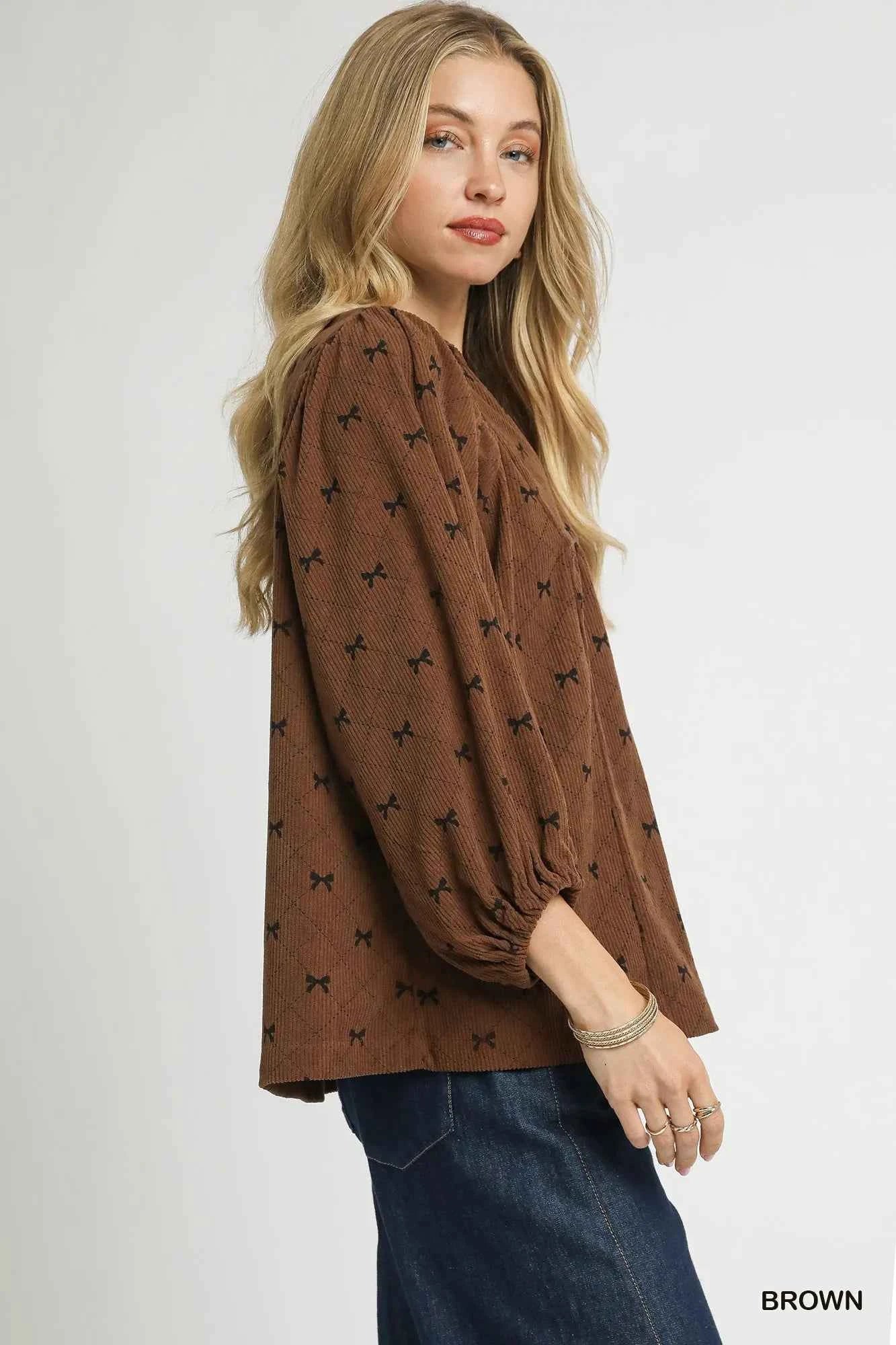 Umgee Corduroy Blouse with Bow Print and Balloon Sleeves for Stylish Comfort - MegaSuperStar