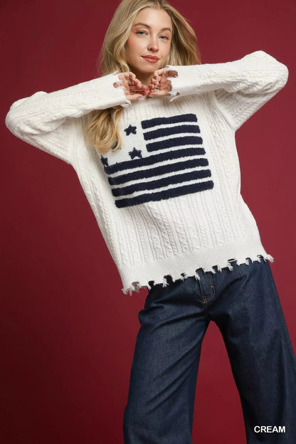 Umgee Distressed American Flag Sweater - MegaSuperStar