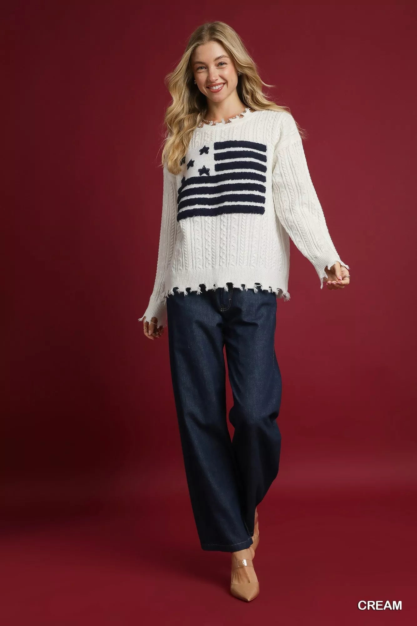 Umgee Distressed American Flag Sweater - MegaSuperStar