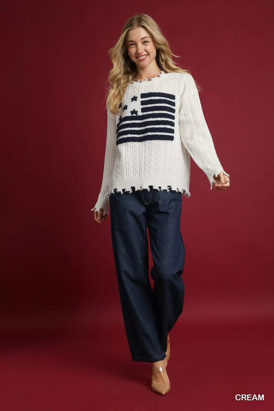 Umgee Distressed American Flag Sweater - MegaSuperStar