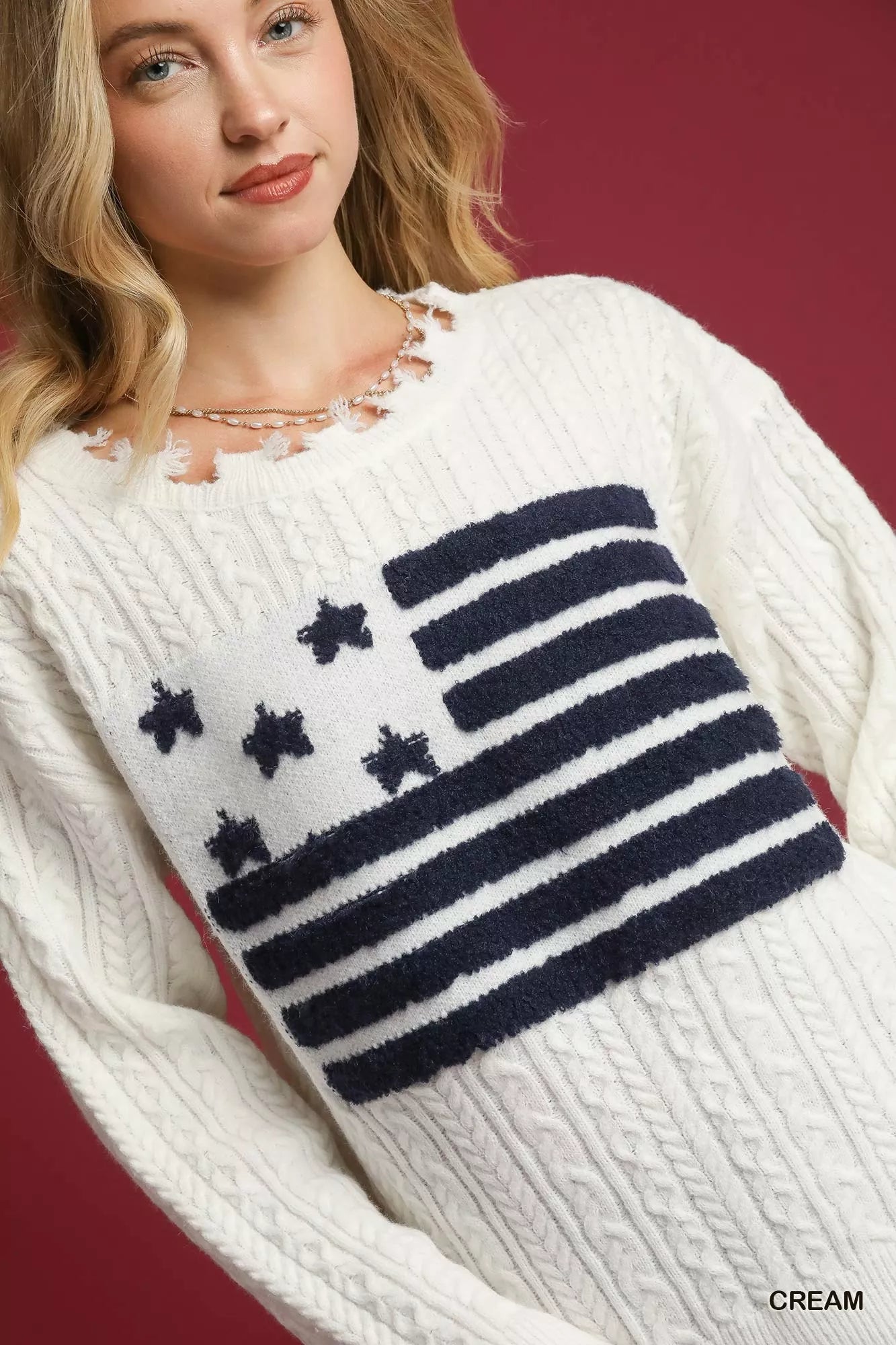 Umgee Distressed American Flag Sweater - MegaSuperStar
