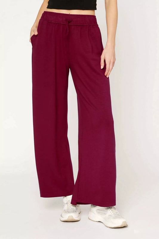 Umgee Elastic Drawstring Waistband Wide Leg Pants - MegaSuperStar