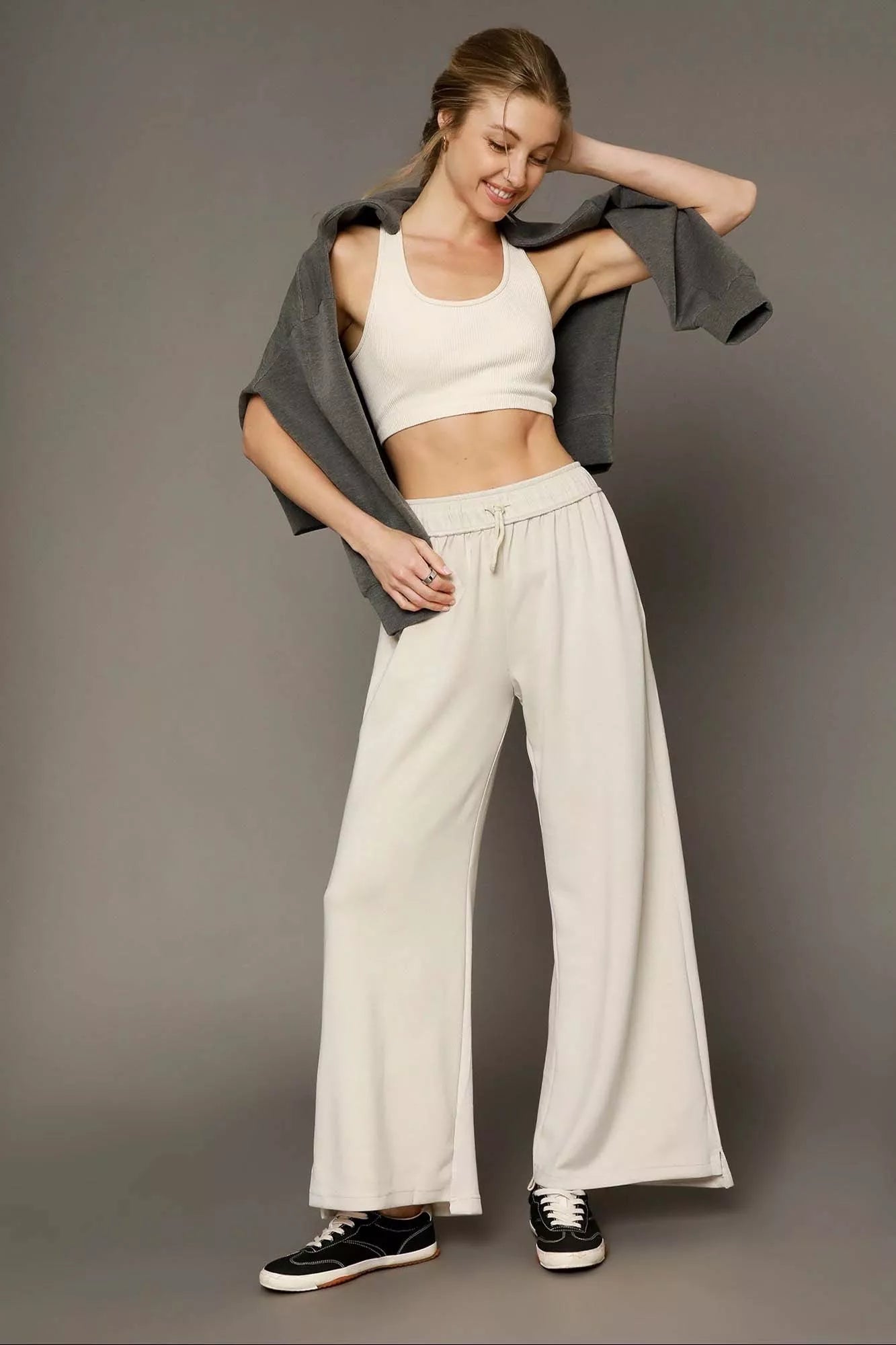 Umgee Elastic Drawstring Waistband Wide Leg Pants - MegaSuperStar