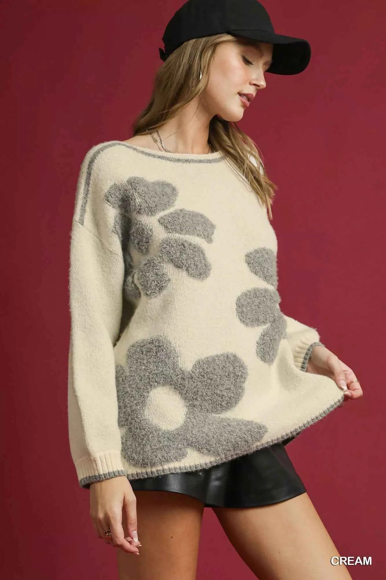 Umgee Floral Knit Sweater - Stylish Jacquard Design for Every Occasion - MegaSuperStar