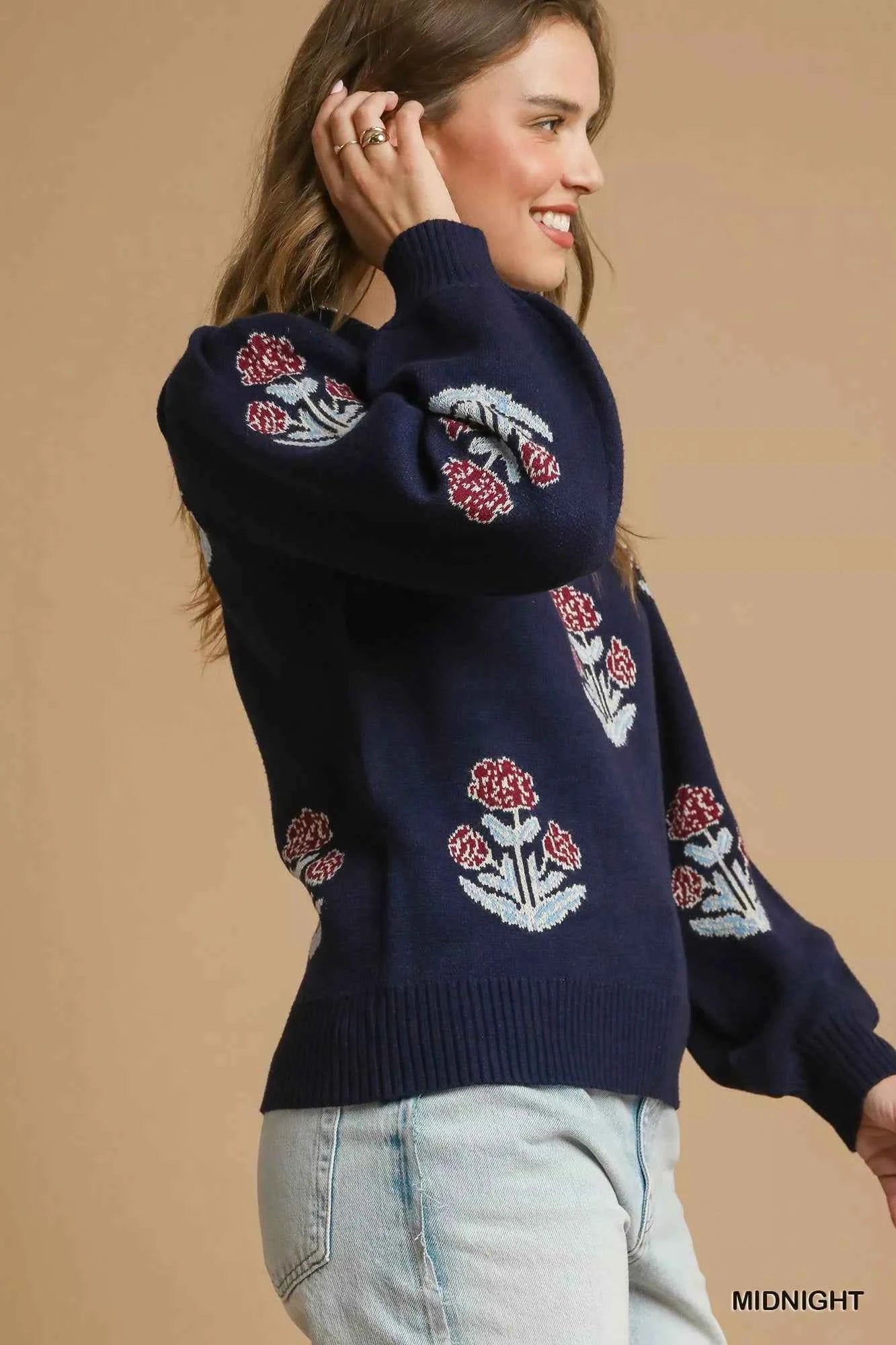 Umgee Floral Knit Sweater with Puff Sleeves - MegaSuperStar