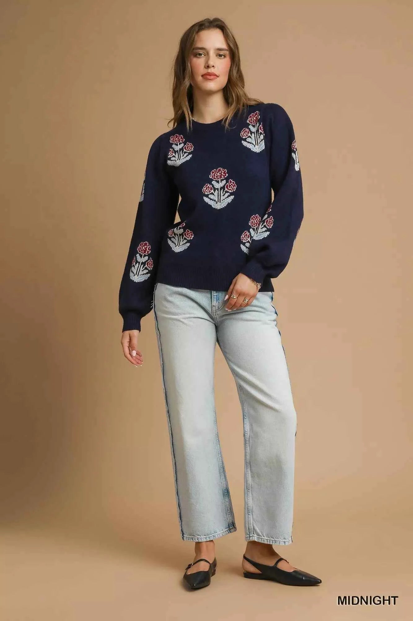 Umgee Floral Knit Sweater with Puff Sleeves - MegaSuperStar