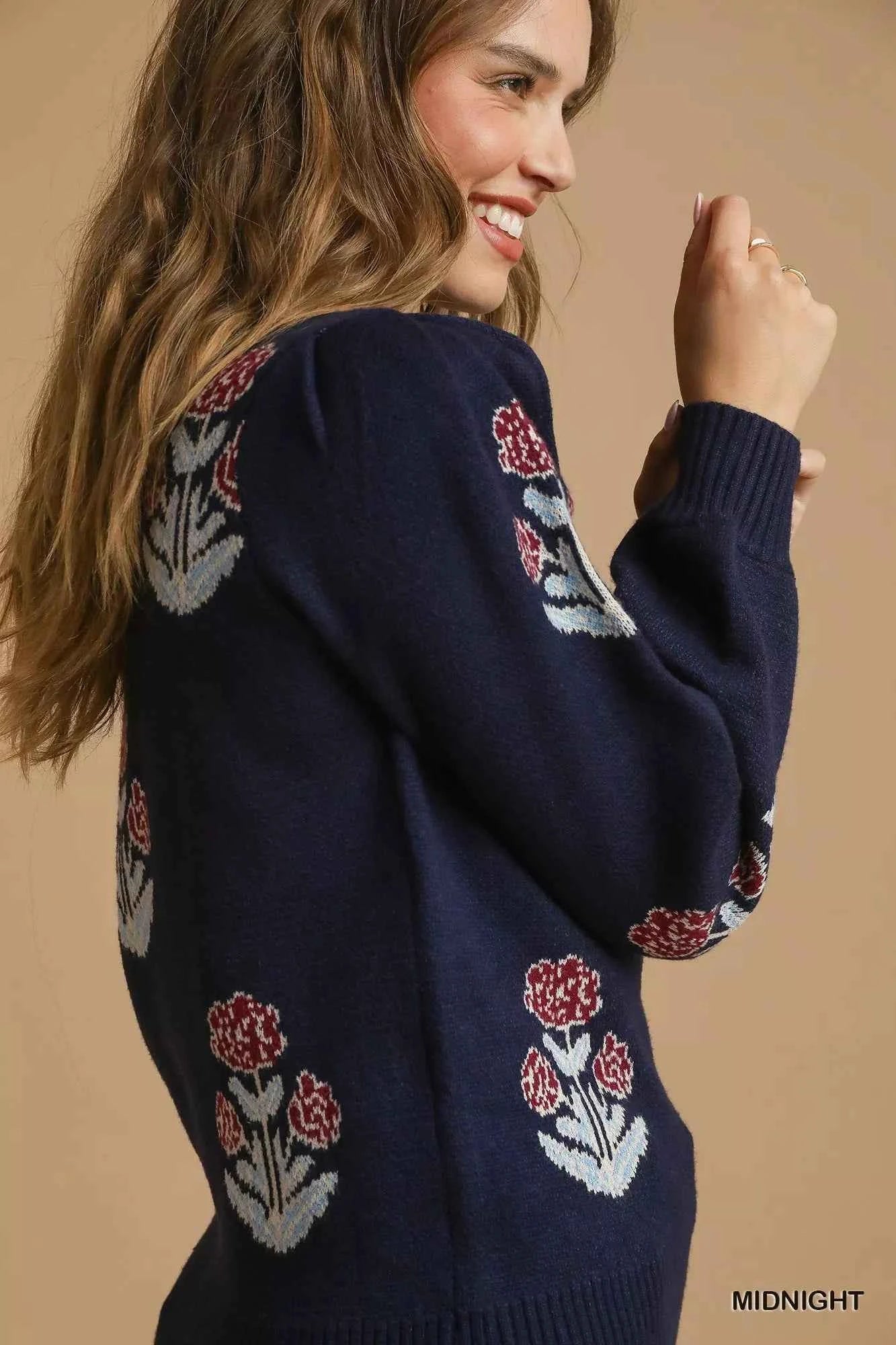 Umgee Floral Knit Sweater with Puff Sleeves - MegaSuperStar