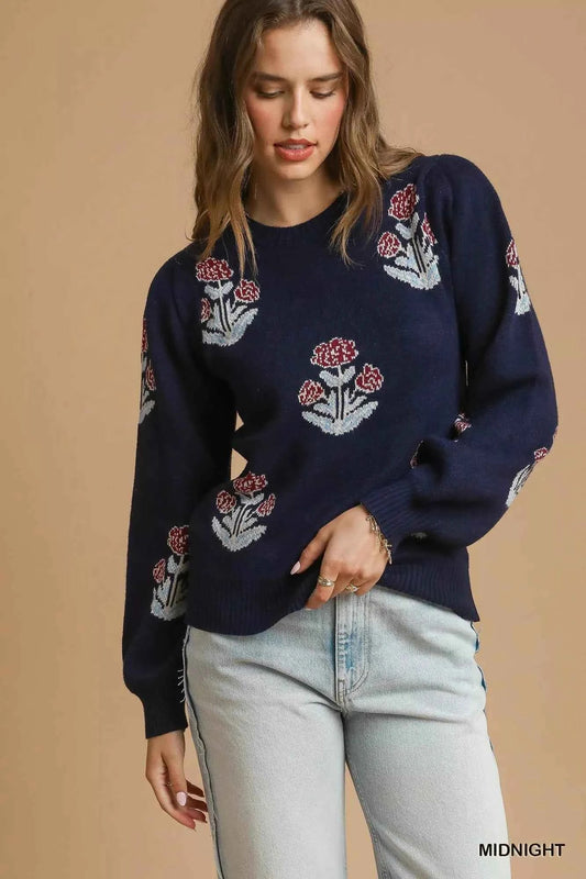 Umgee Floral Knit Sweater with Puff Sleeves - MegaSuperStar