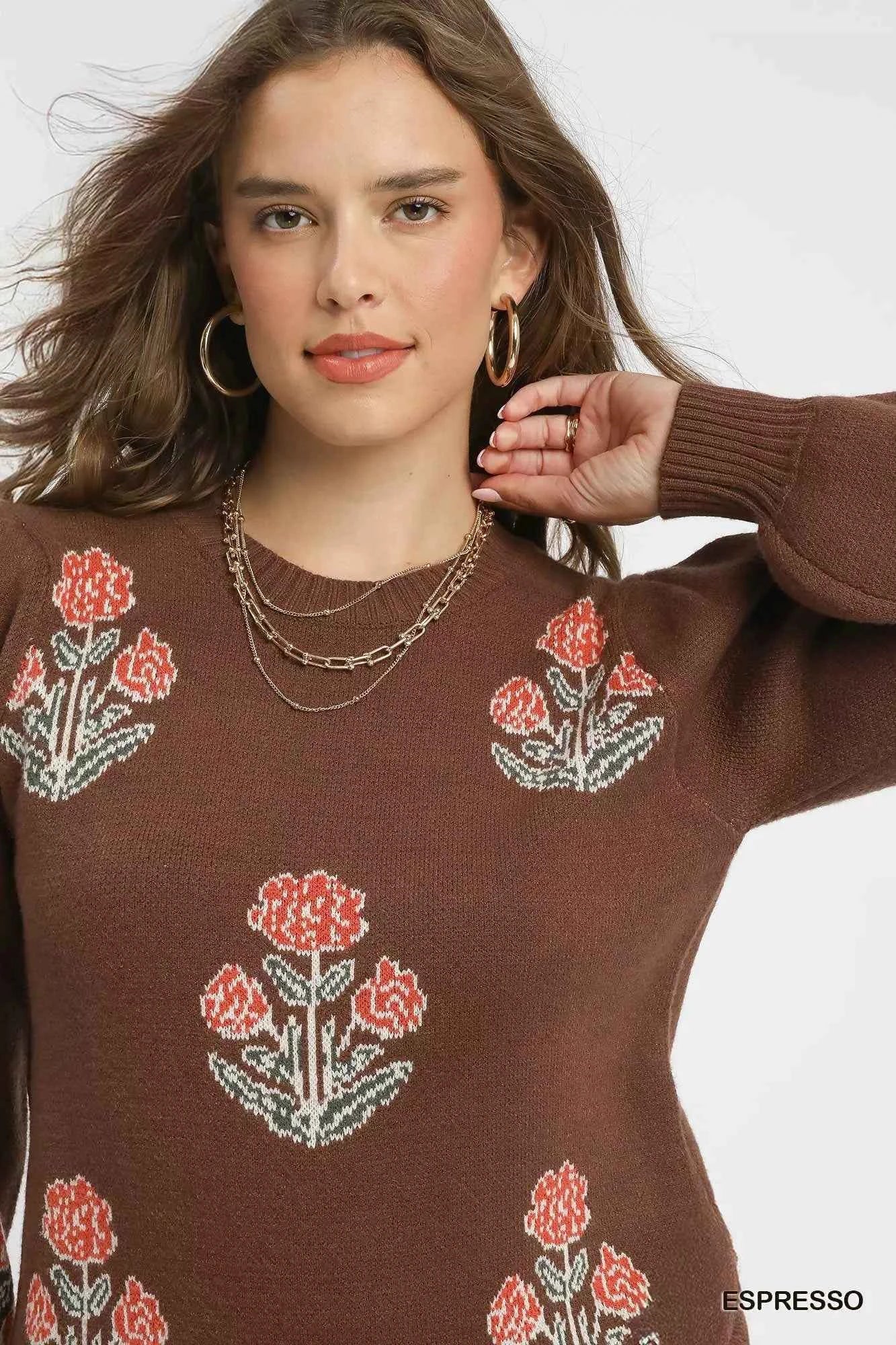 Umgee Floral Knit Sweater with Puff Sleeves for Trendy Style - MegaSuperStar