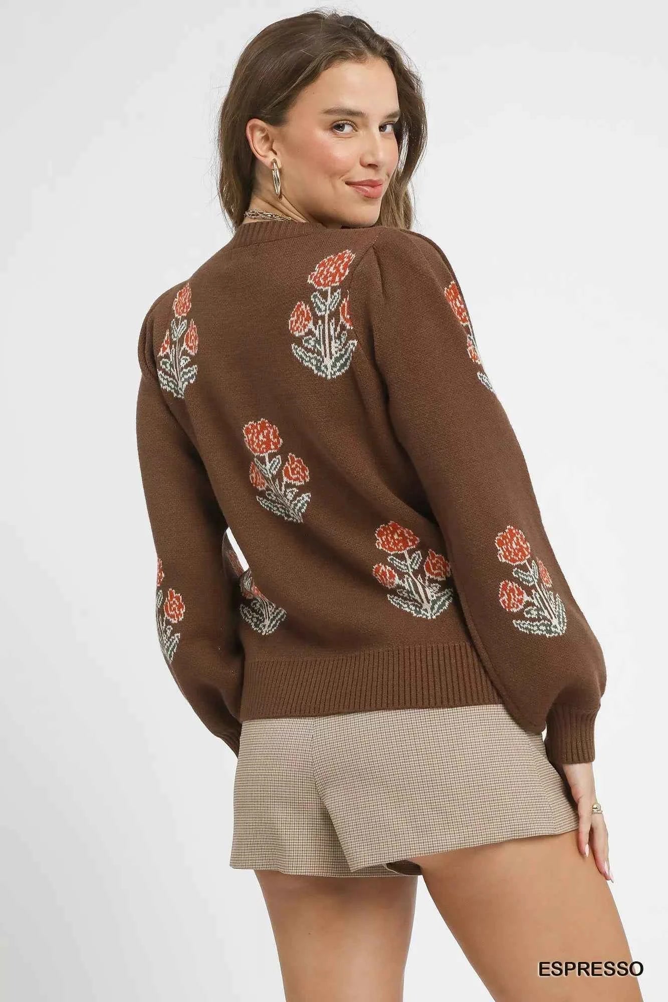 Umgee Floral Knit Sweater with Puff Sleeves for Trendy Style - MegaSuperStar