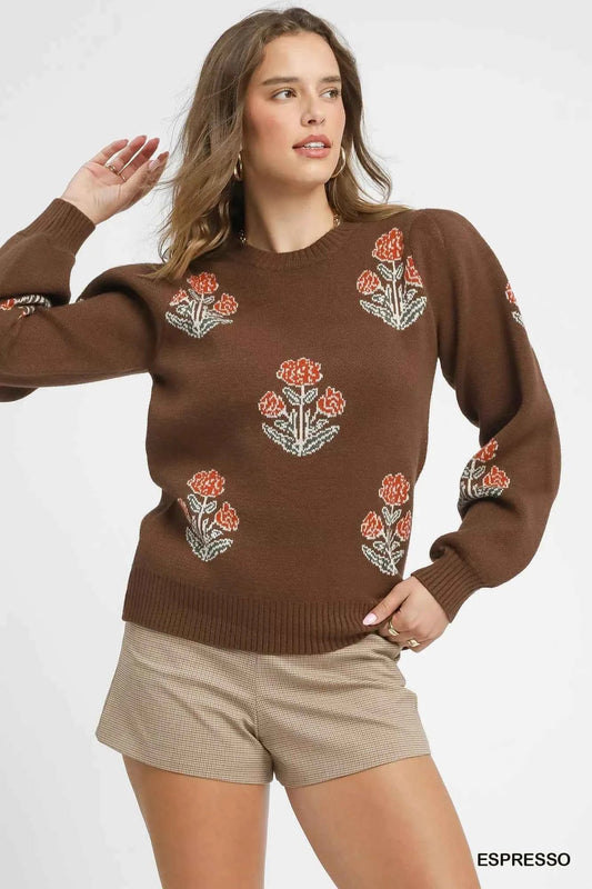 Umgee Floral Knit Sweater with Puff Sleeves for Trendy Style - MegaSuperStar