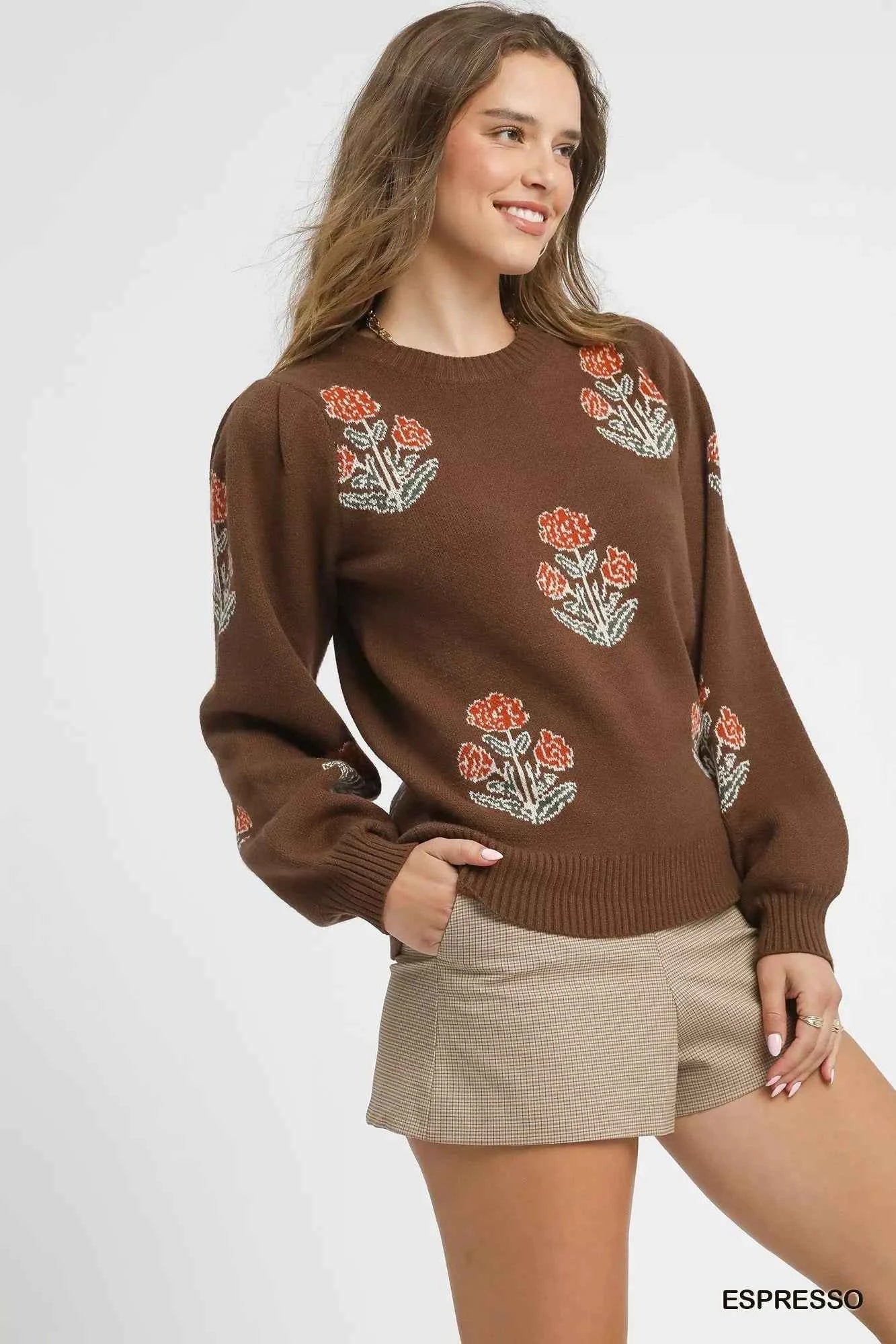 Umgee Floral Knit Sweater with Puff Sleeves for Trendy Style - MegaSuperStar