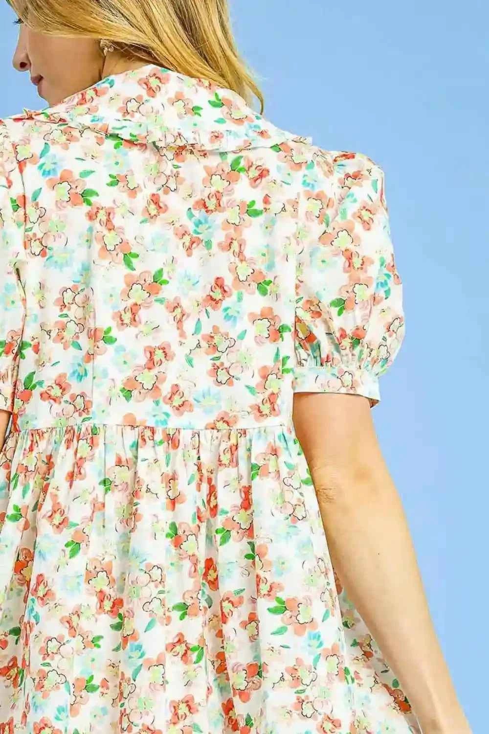 Umgee Floral Mini Dress with Puff Sleeves and Tie Front - MegaSuperStar