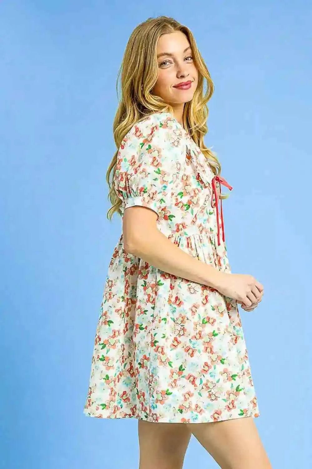 Umgee Floral Mini Dress with Puff Sleeves and Tie Front - MegaSuperStar