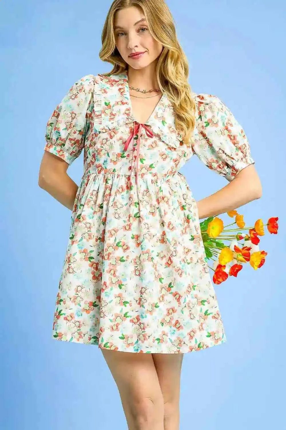 Umgee Floral Mini Dress with Puff Sleeves and Tie Front - MegaSuperStar