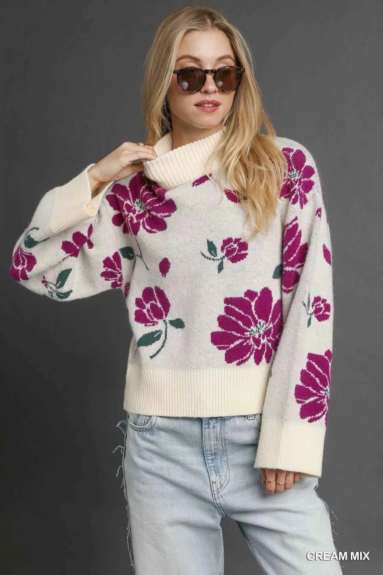 Umgee Floral Mock Neck Sweater - Trendy Floral Patterned Sweater for Fall - MegaSuperStar