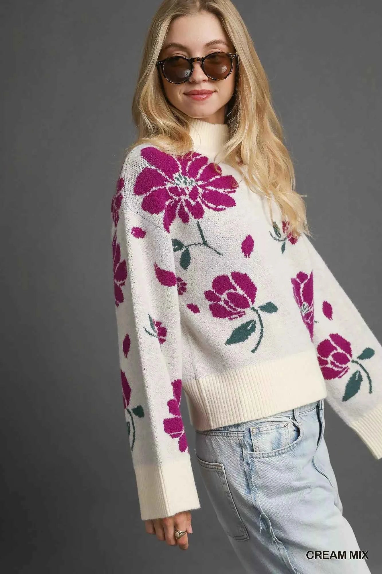 Umgee Floral Mock Neck Sweater - Trendy Floral Patterned Sweater for Fall - MegaSuperStar