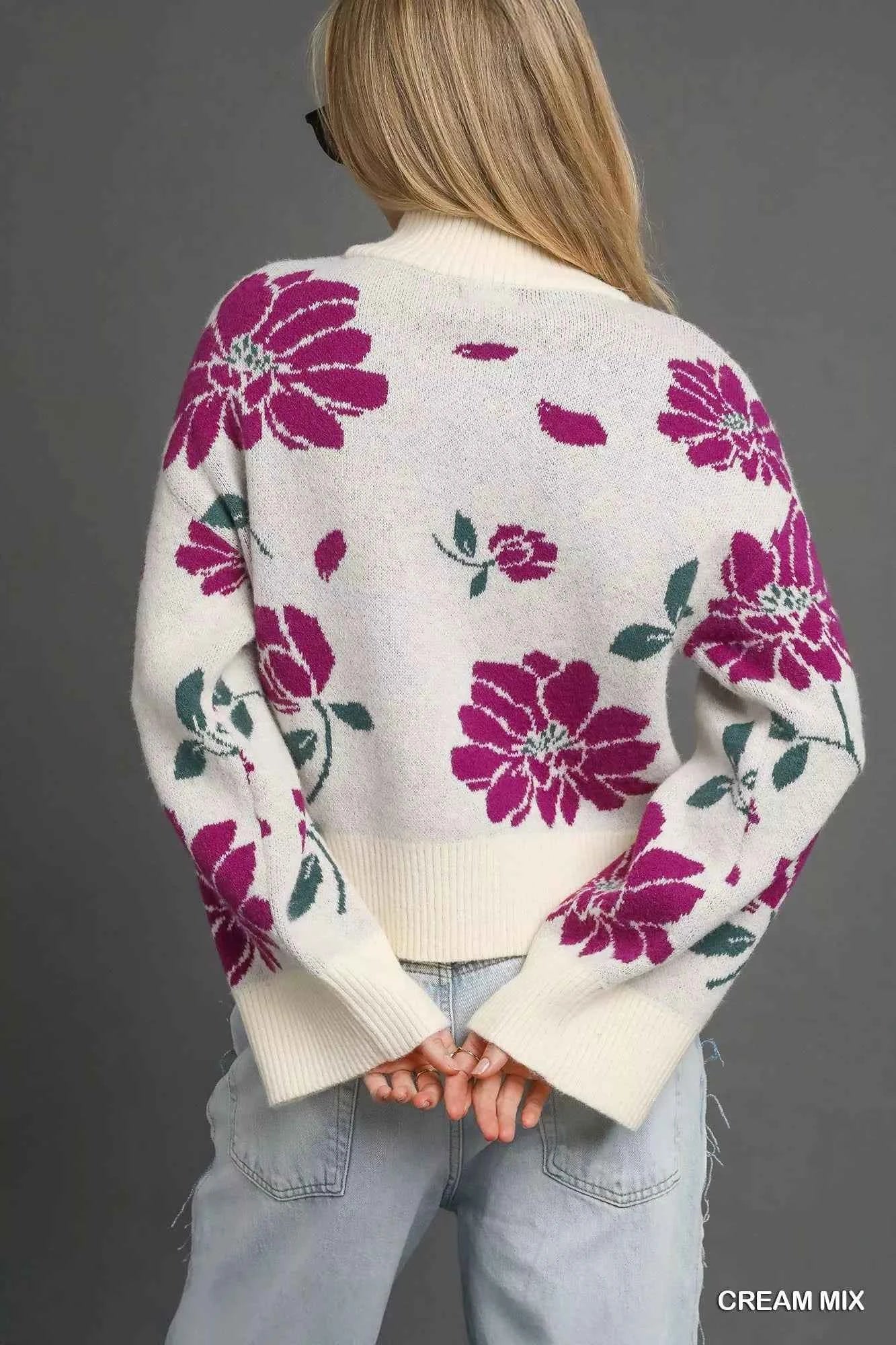 Umgee Floral Mock Neck Sweater - Trendy Floral Patterned Sweater for Fall - MegaSuperStar