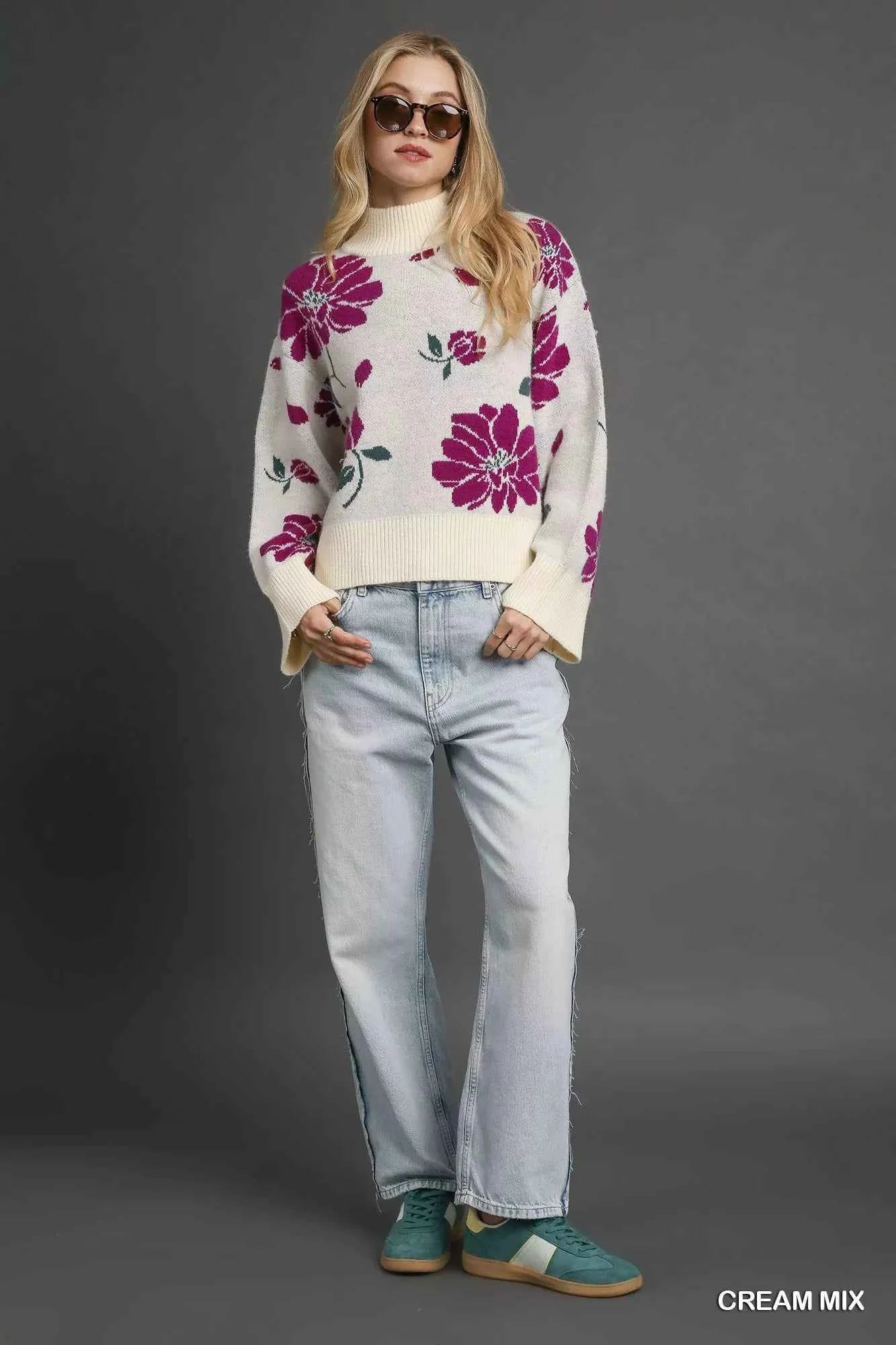 Umgee Floral Mock Neck Sweater - Trendy Floral Patterned Sweater for Fall - MegaSuperStar