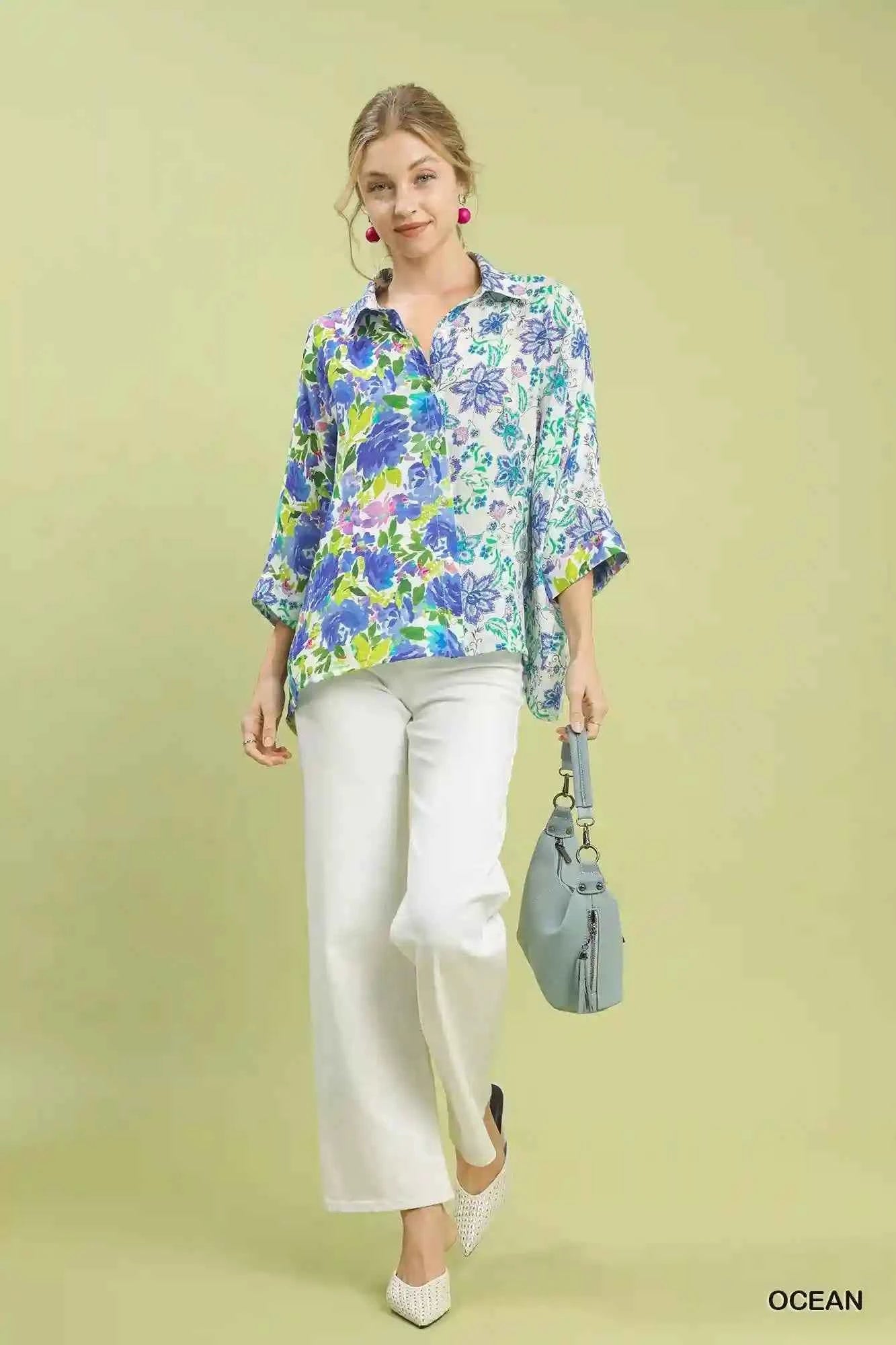 Umgee Floral Oversized Shirt - Mixed Floral Button Down for Effortless Style - MegaSuperStar