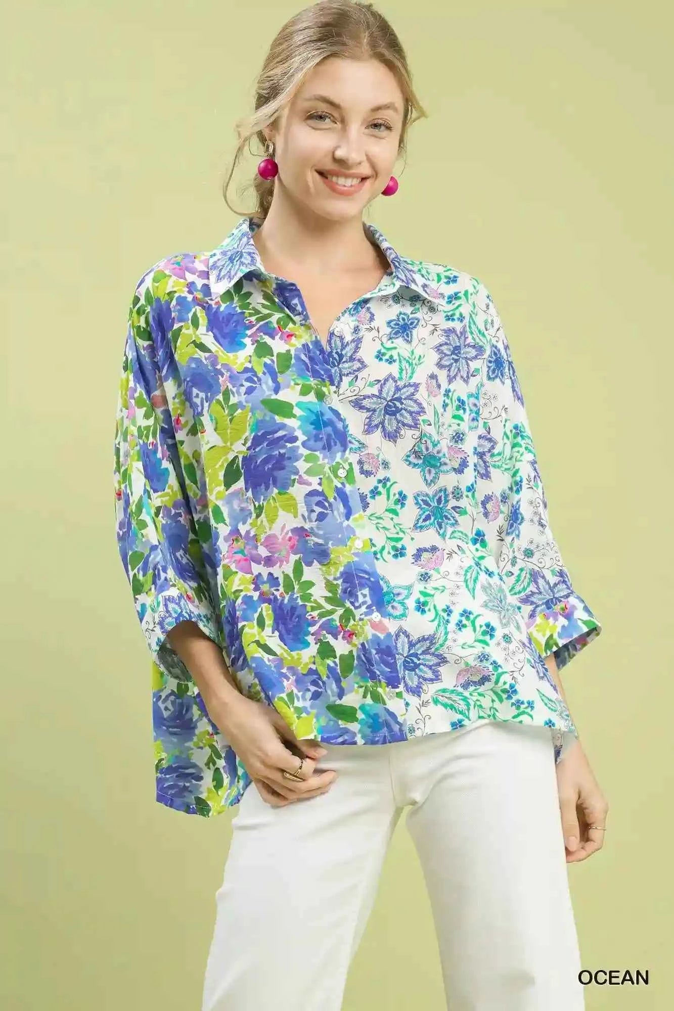 Umgee Floral Oversized Shirt - Mixed Floral Button Down for Effortless Style - MegaSuperStar
