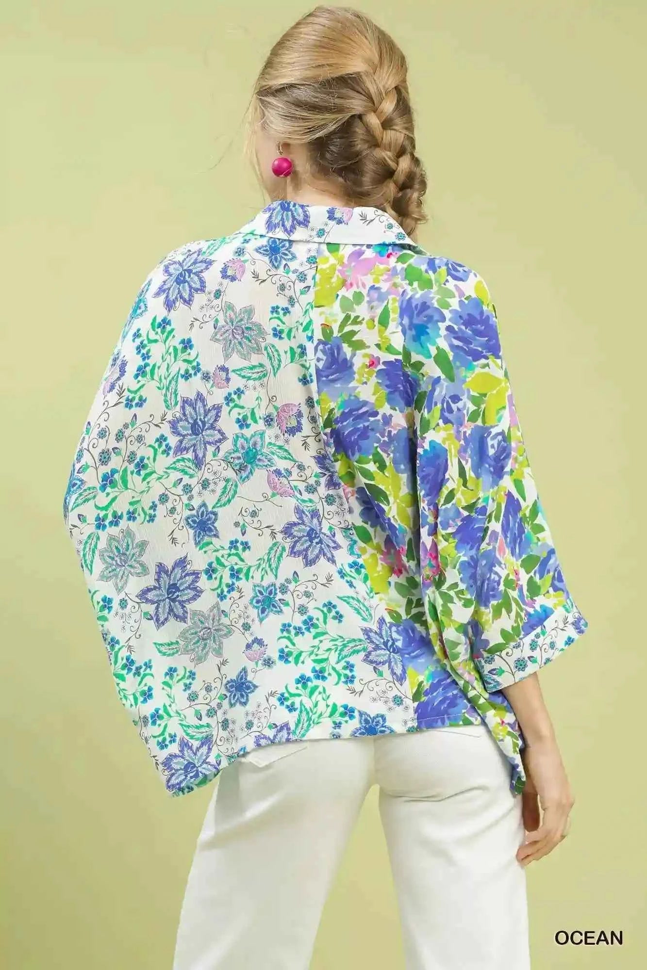 Umgee Floral Oversized Shirt - Mixed Floral Button Down for Effortless Style - MegaSuperStar