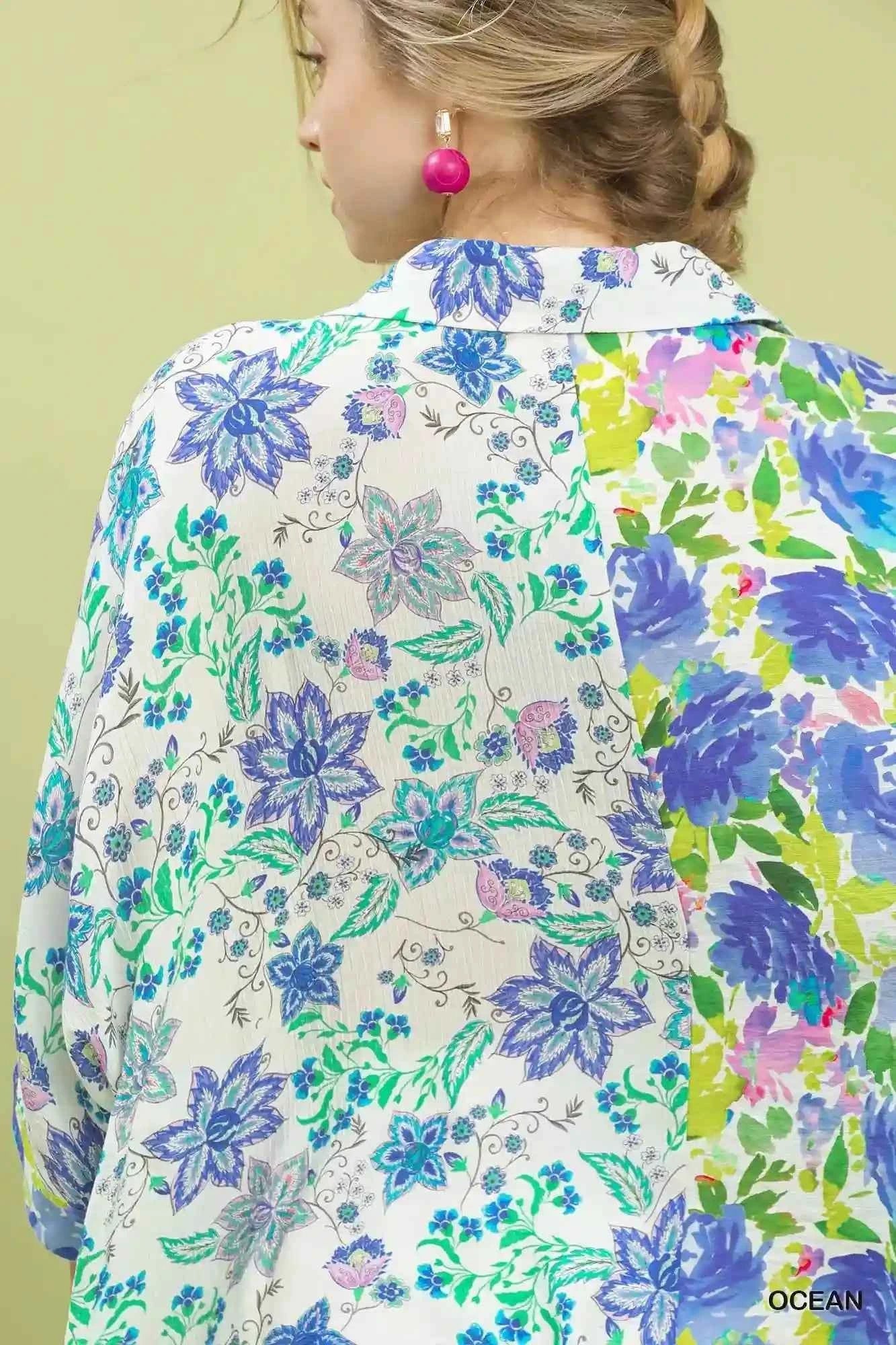 Umgee Floral Oversized Shirt - Mixed Floral Button Down for Effortless Style - MegaSuperStar