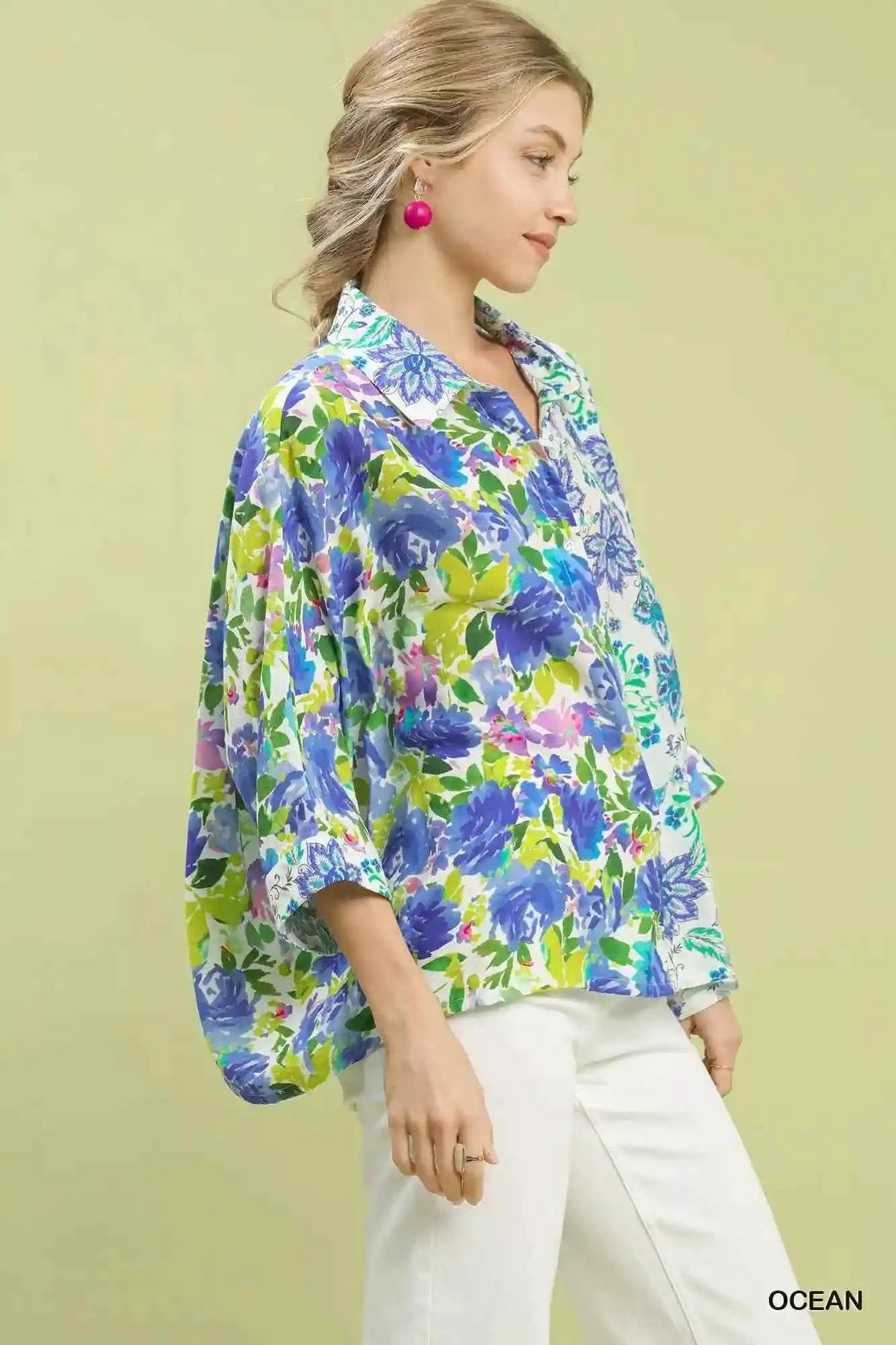 Umgee Floral Oversized Shirt - Mixed Floral Button Down for Effortless Style - MegaSuperStar
