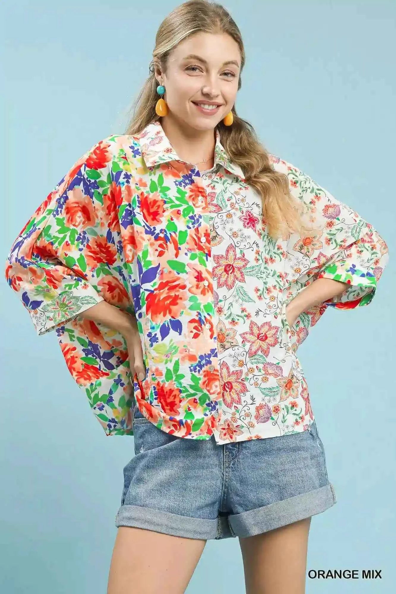 Umgee Floral Oversized Shirt – Mixed Floral Button Down Style by MegaSuperStar - MegaSuperStar